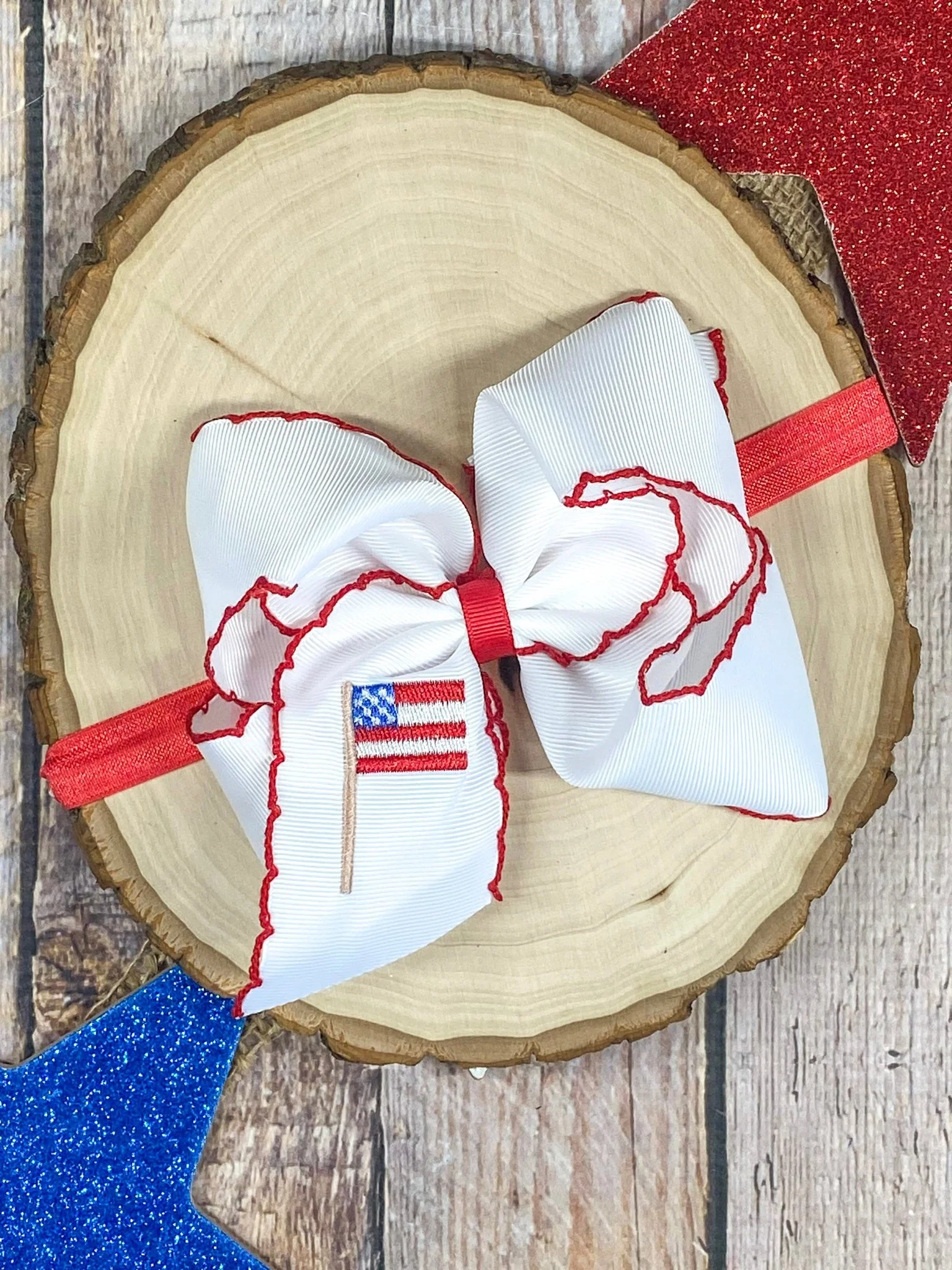 American Flag Embroidered Moonstitch Hair Bow | Clip or Headband - Image 4