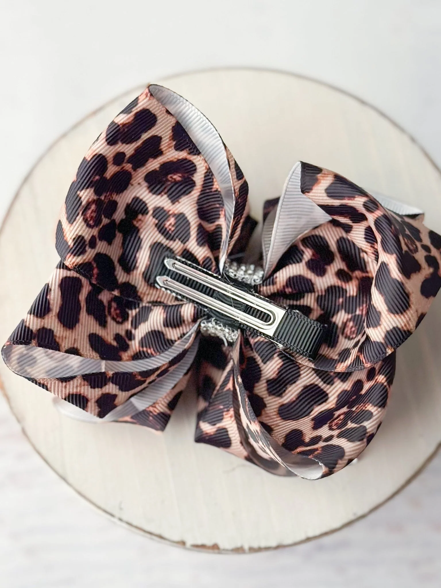 Animal Print Rhinestone Center Hair Bow - Alligator Clip - 4" - Image 3