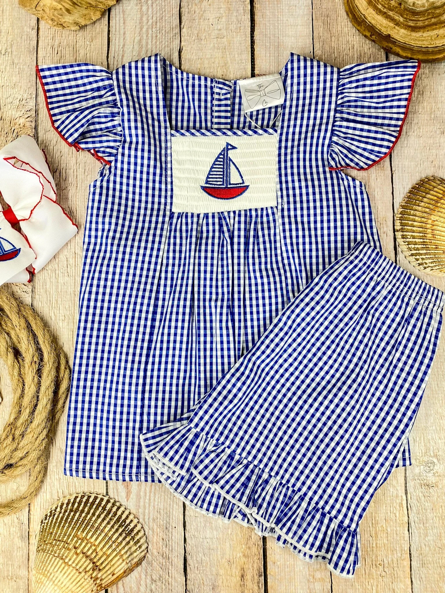 Blue Gingham Smocked Sailboat Girls Short Set