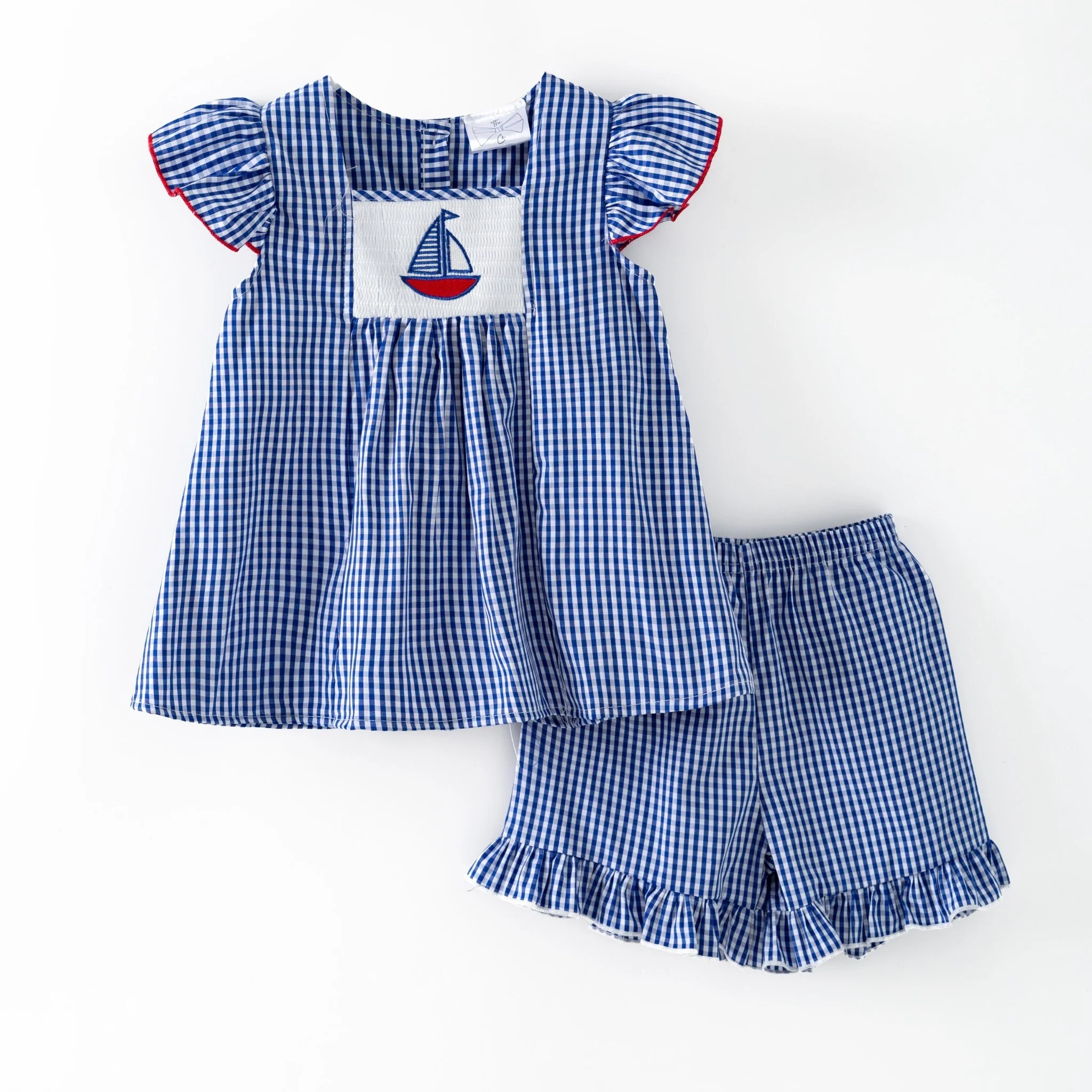 Blue Gingham Smocked Sailboat Girls Short Set - Image 2