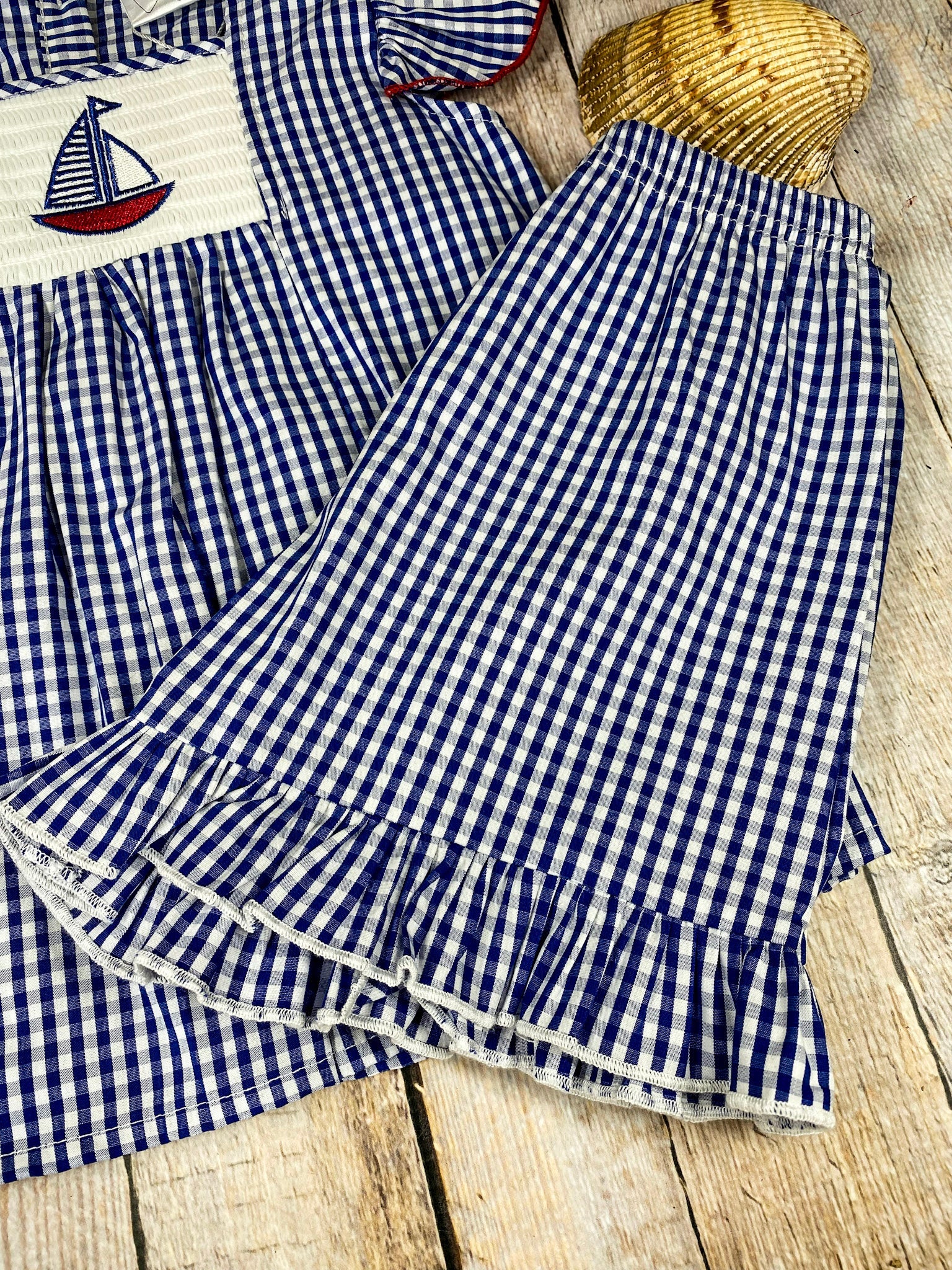 Blue Gingham Smocked Sailboat Girls Short Set - Image 3