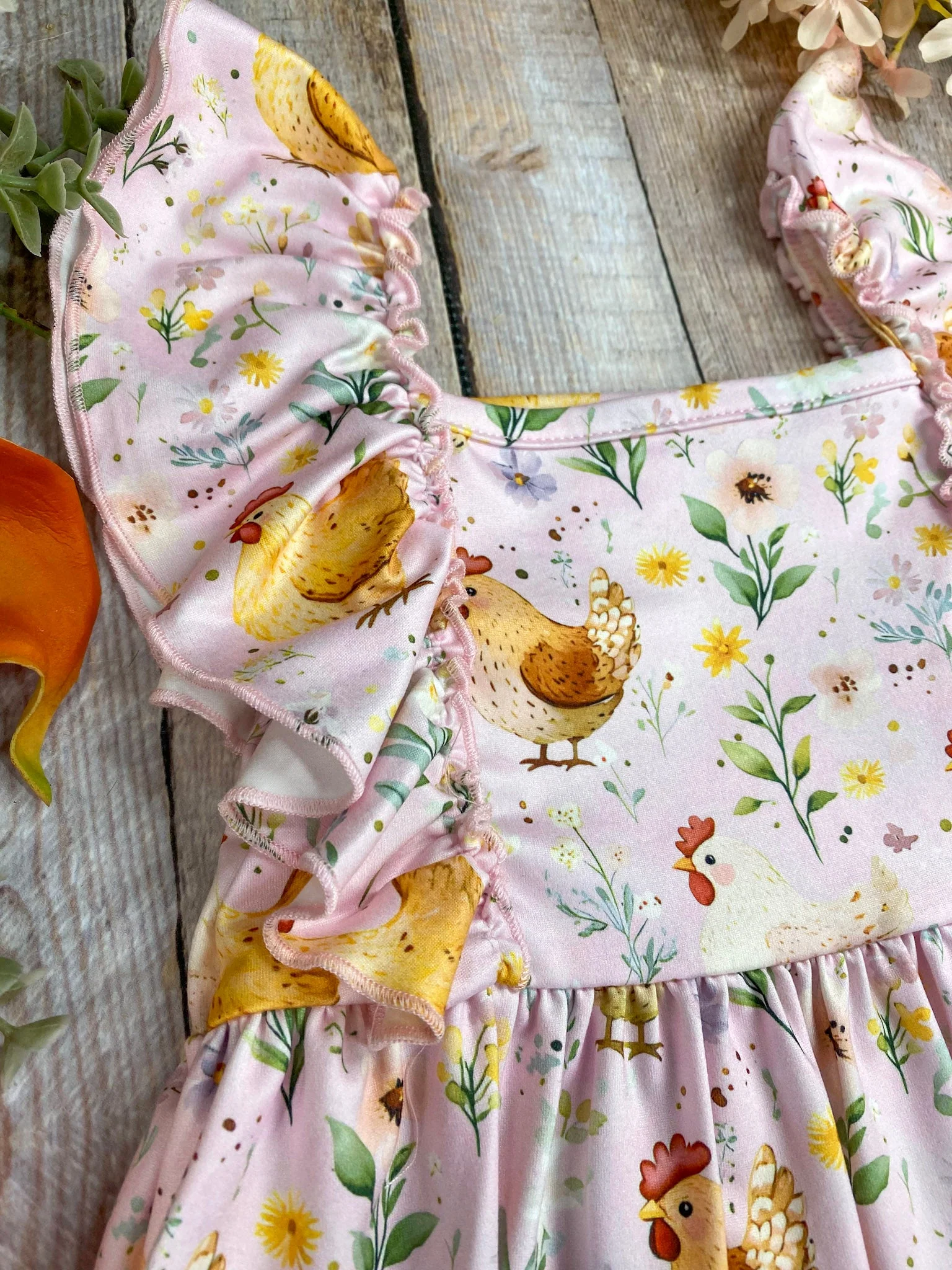 Girls Pink Hen Print Ruffle Dress - Image 3