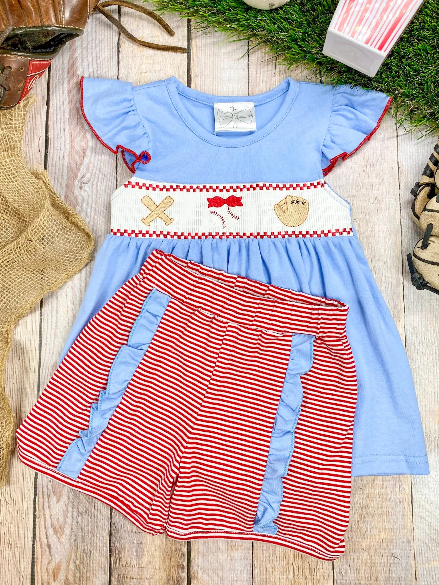 Baseball Embroidered Smocked Shorts Set