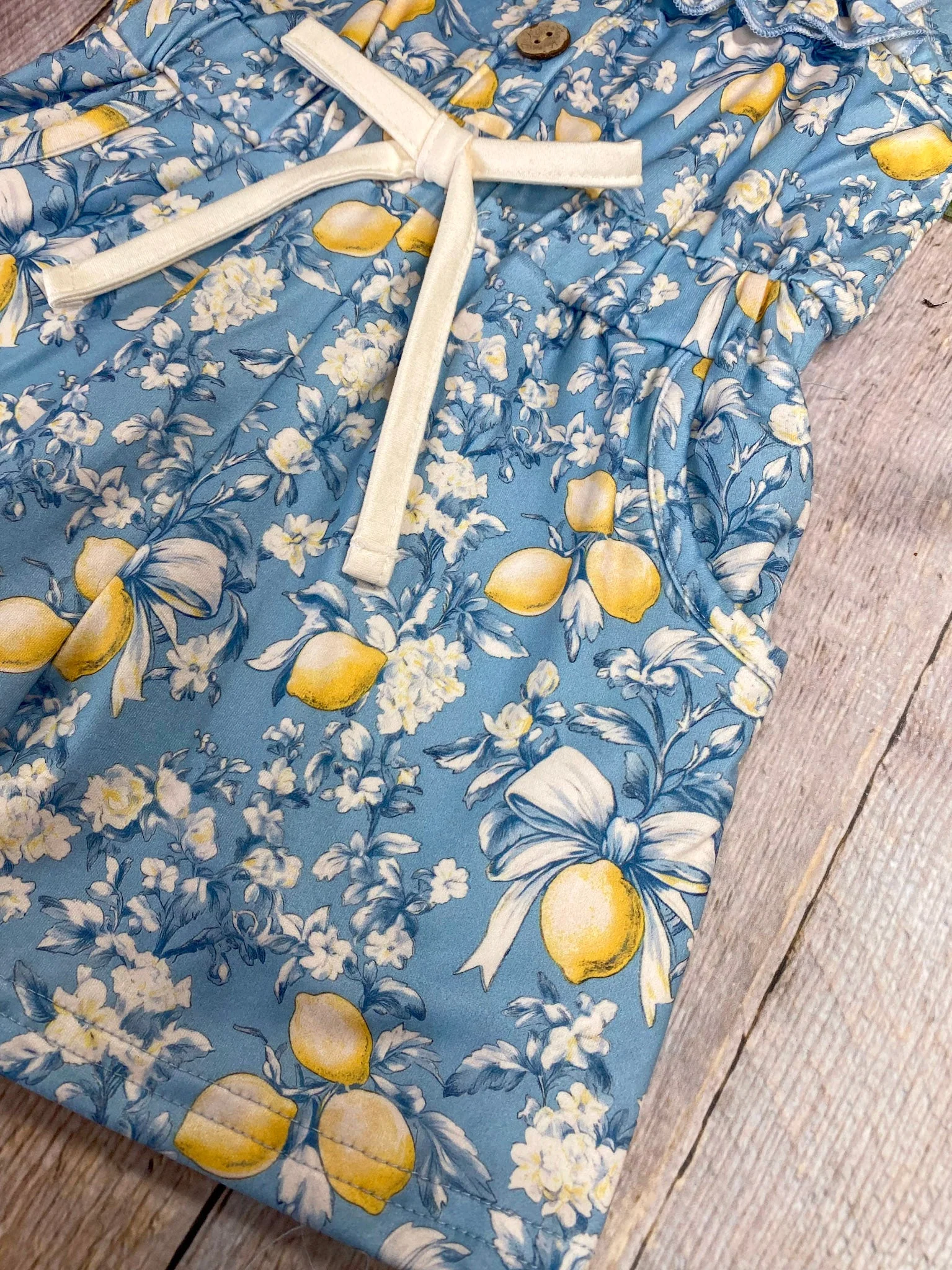 Girls Blue Lemon Print Ruffle Romper - Image 2