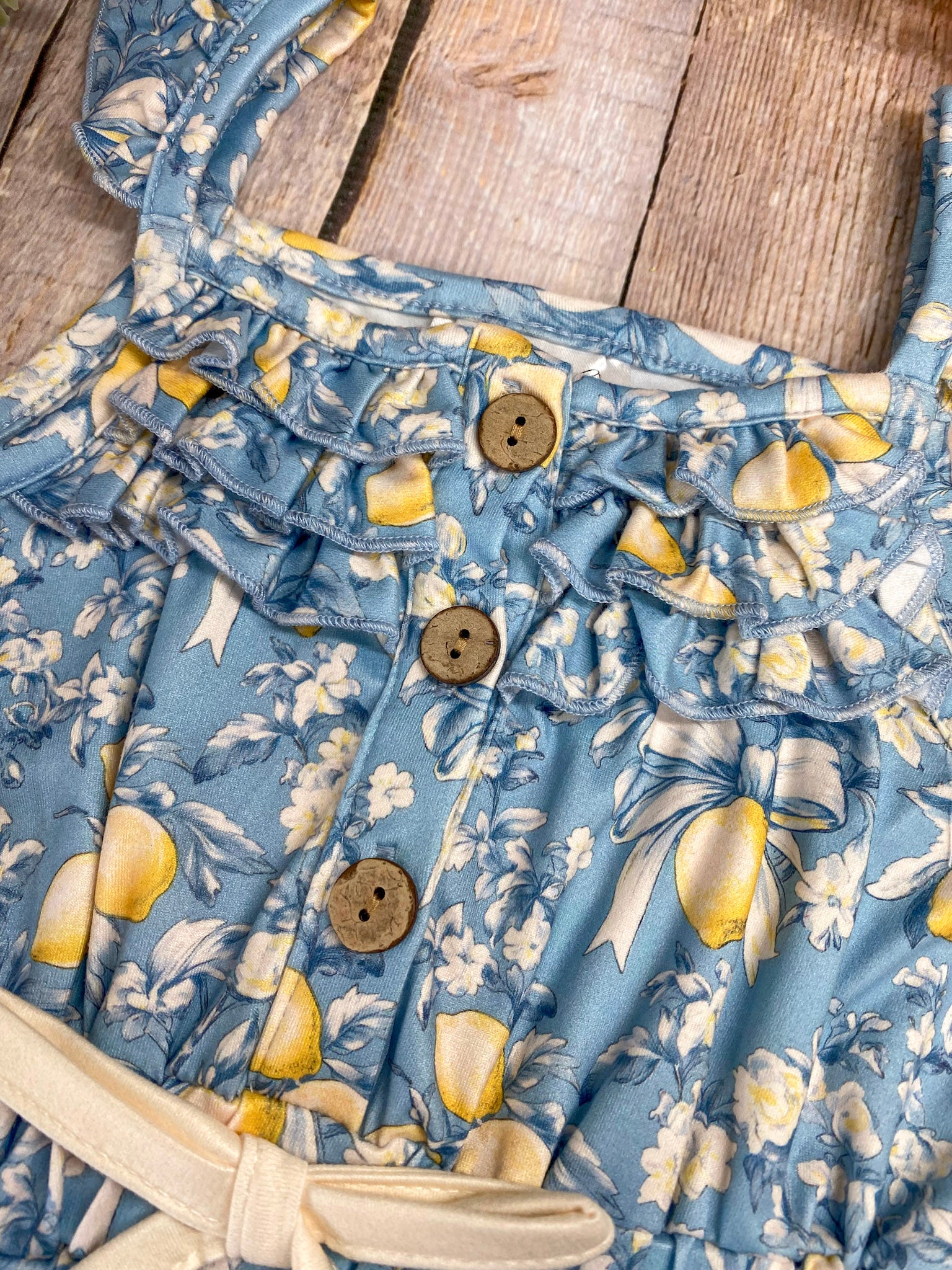 Girls Blue Lemon Print Ruffle Romper - Image 3