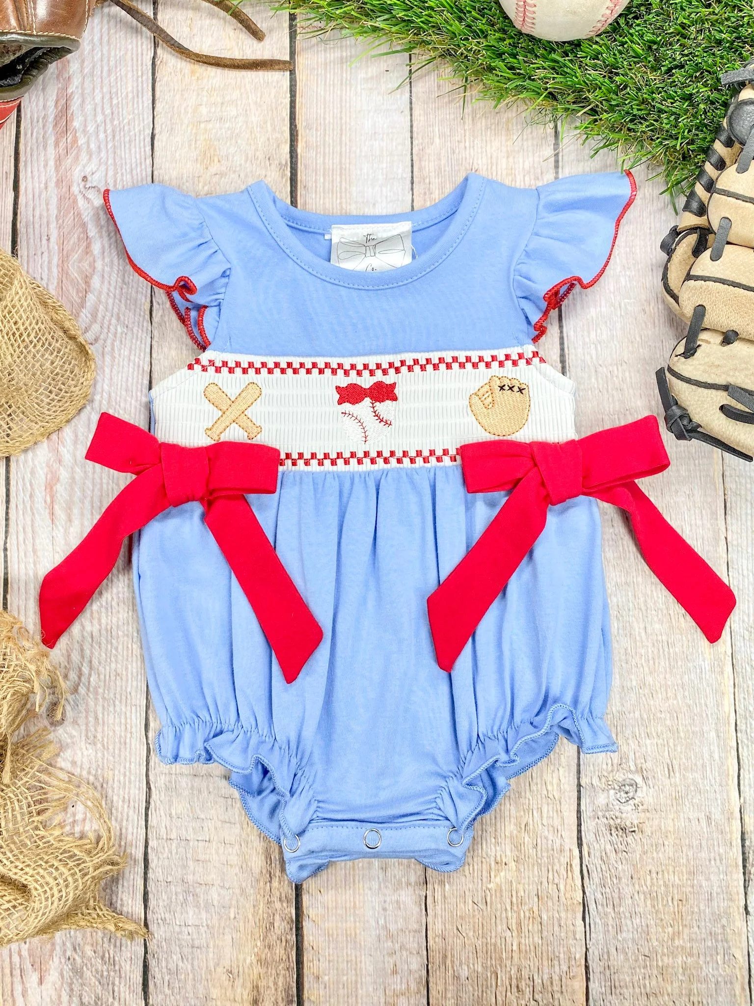 Baseball Embroidered Smocked Infant Romper with Bows