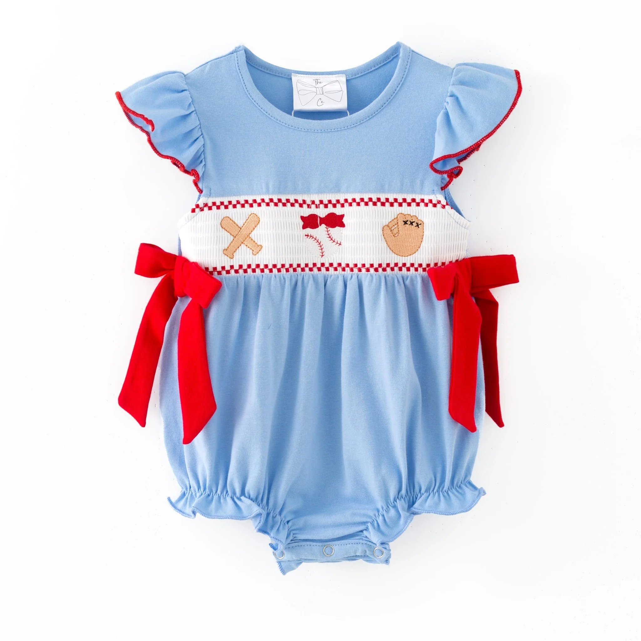 Baseball Embroidered Smocked Infant Romper with Bows - Image 2