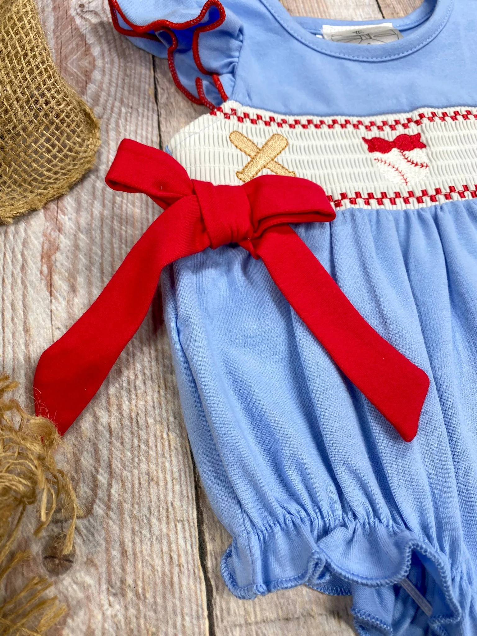 Baseball Embroidered Smocked Infant Romper with Bows - Image 3