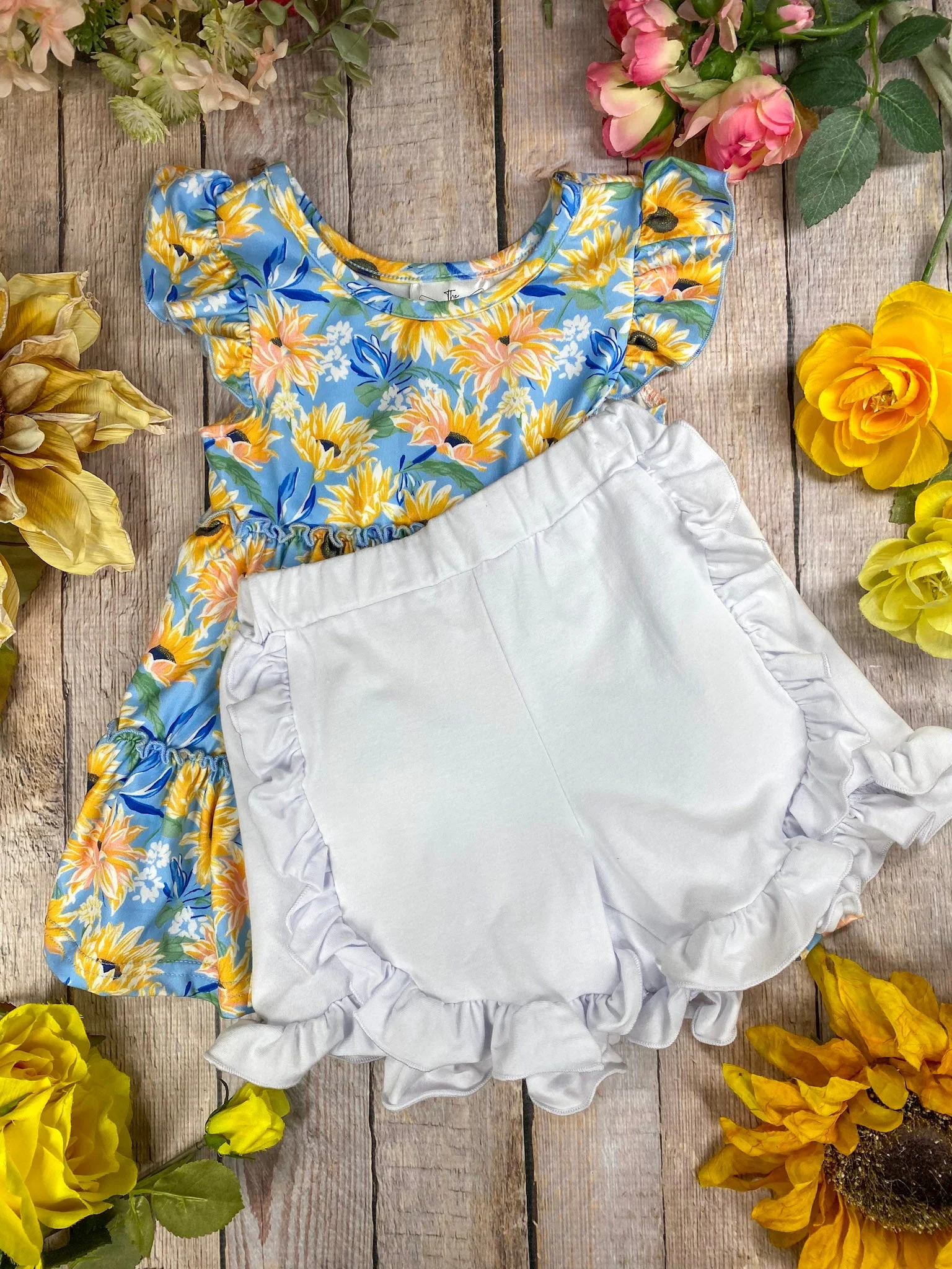 Girls Blue Sunflower Tiered Top & Ruffled Shorts Set - Image 2