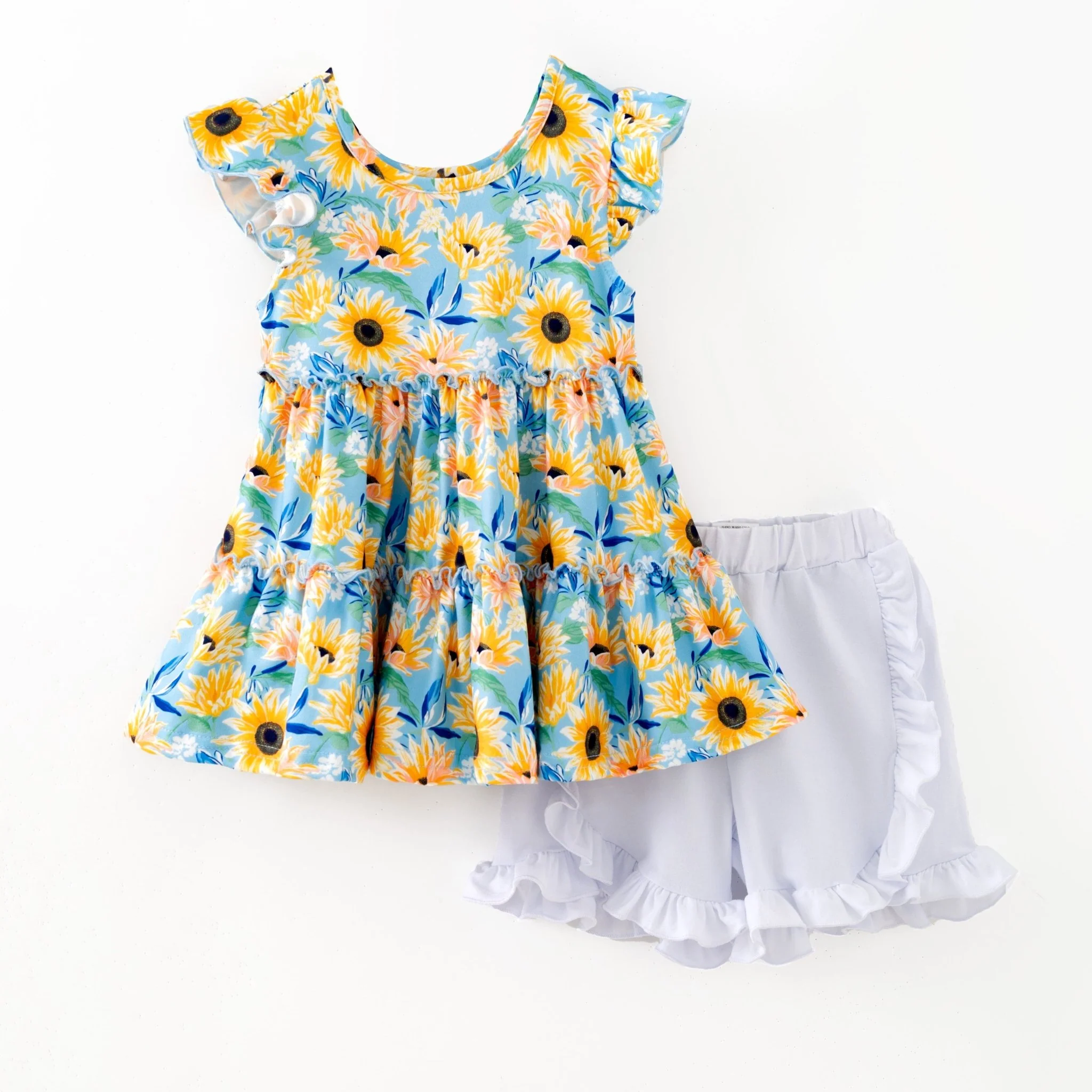 Girls Blue Sunflower Tiered Top & Ruffled Shorts Set - Image 4