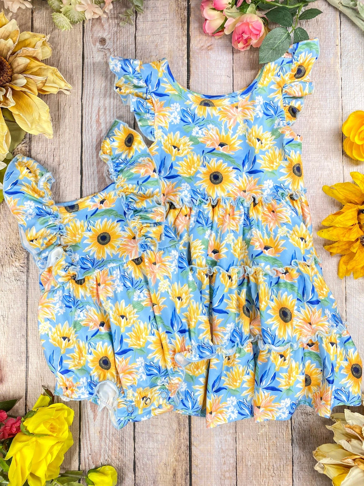 Girls Sunflower Print Ruffle Infant Romper - Image 3