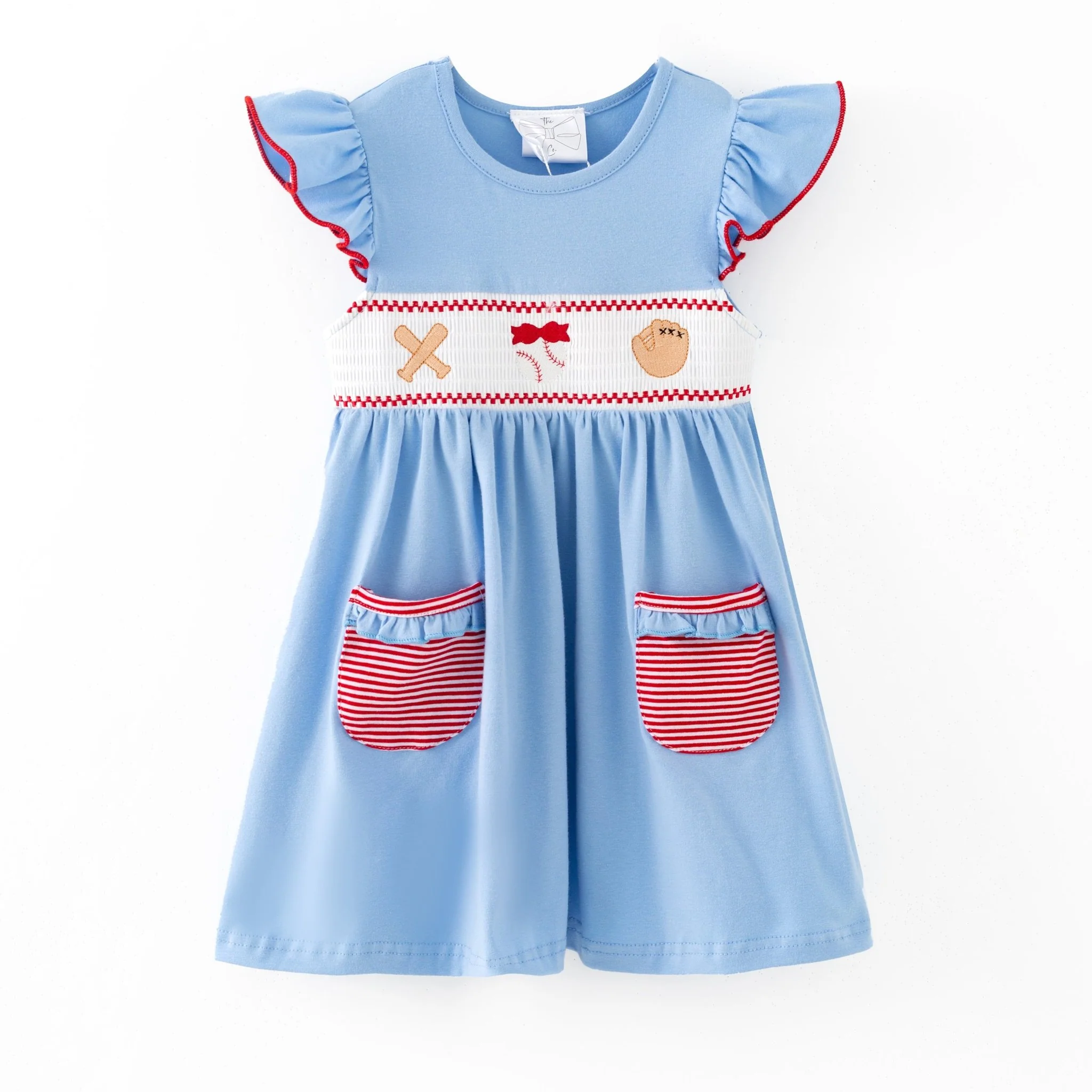 Baseball Embroidered Smocked Dress with Pockets