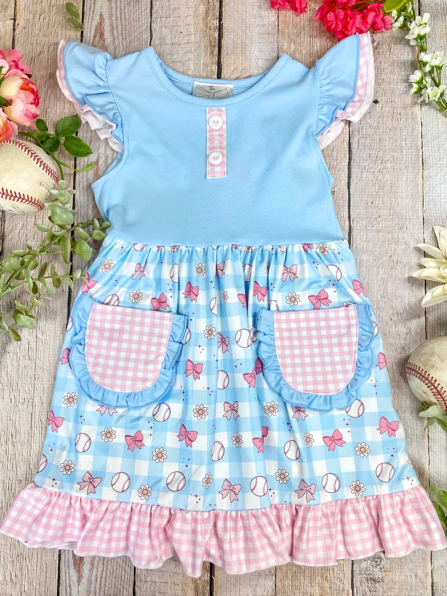 Girls Baseball & Bows Gingham Ruffled Dress