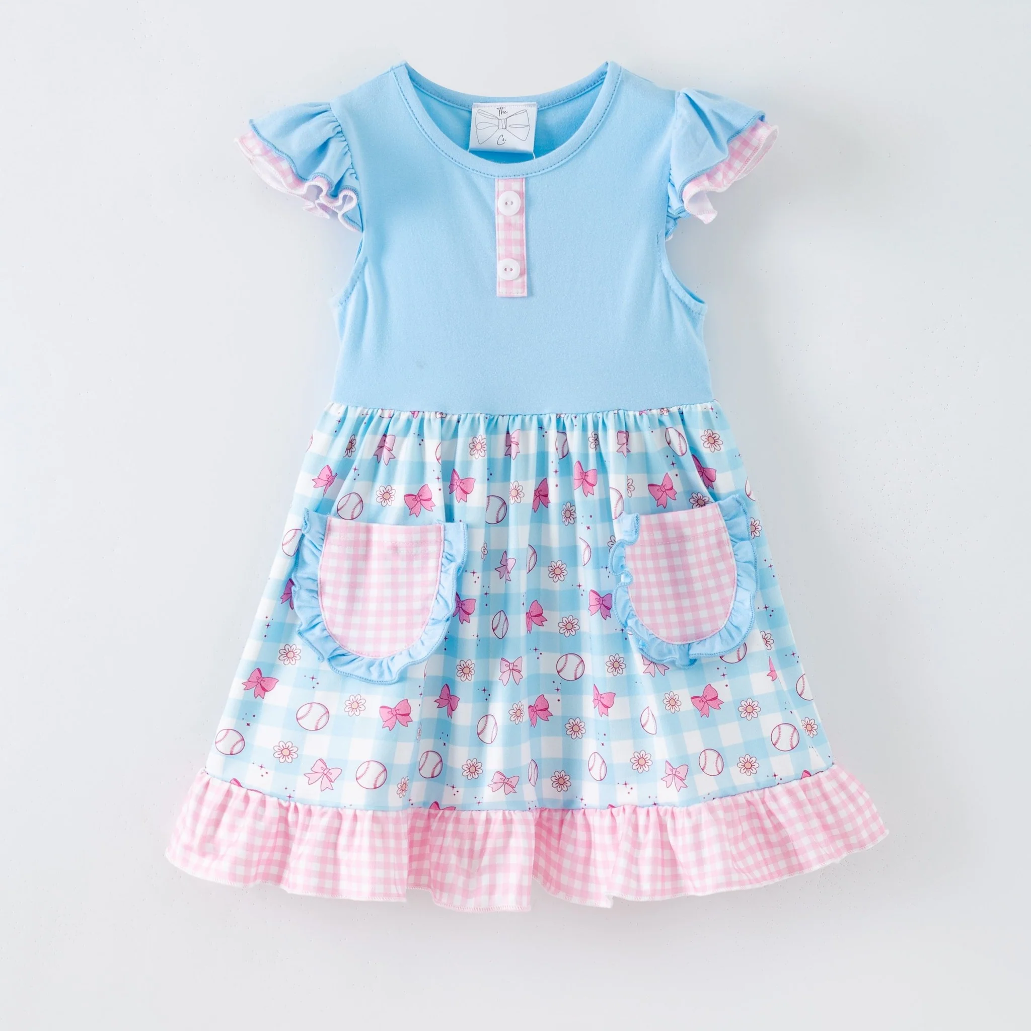 Girls Baseball & Bows Gingham Ruffled Dress - Image 2