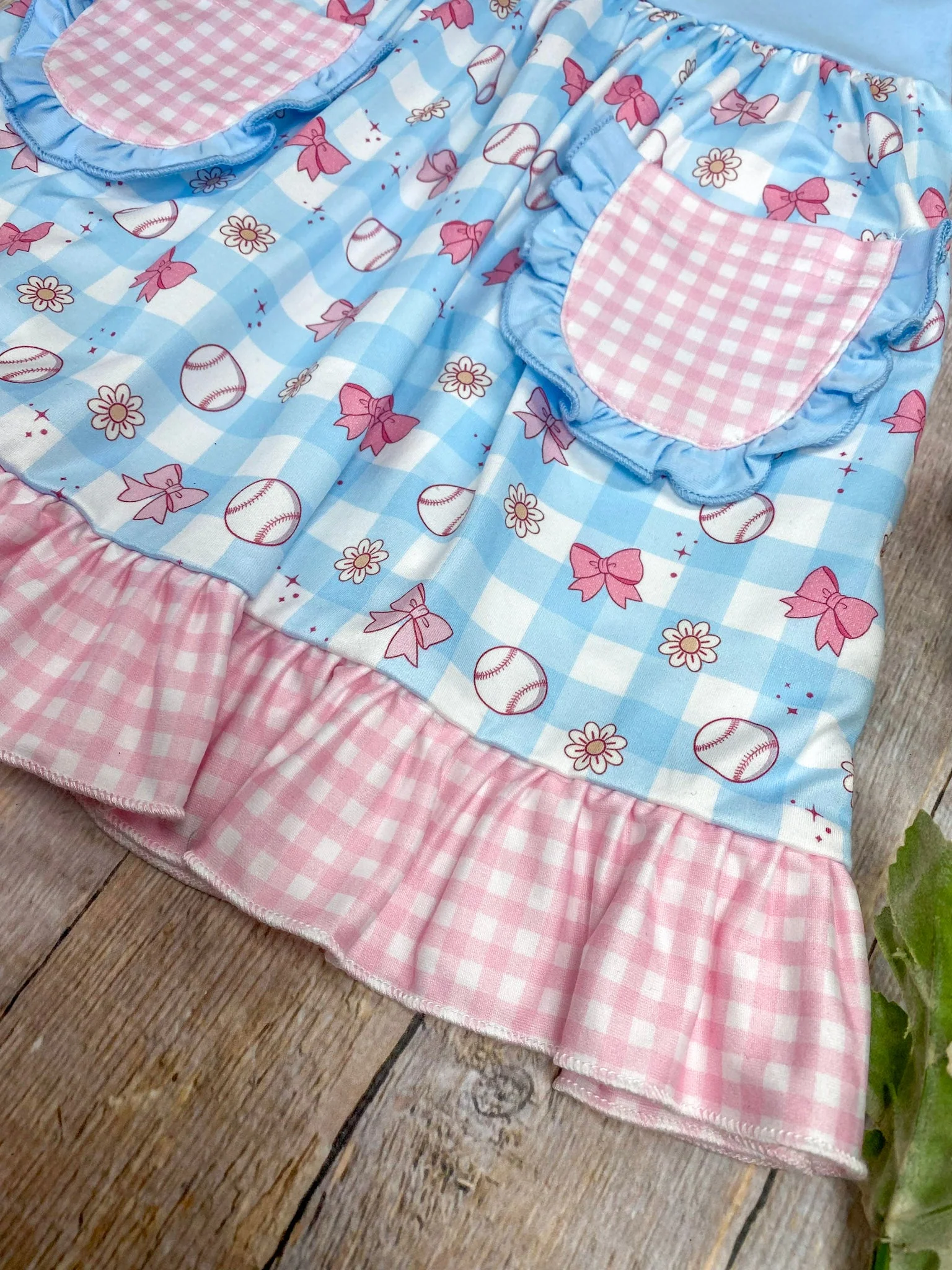 Girls Baseball & Bows Gingham Ruffled Dress - Image 3