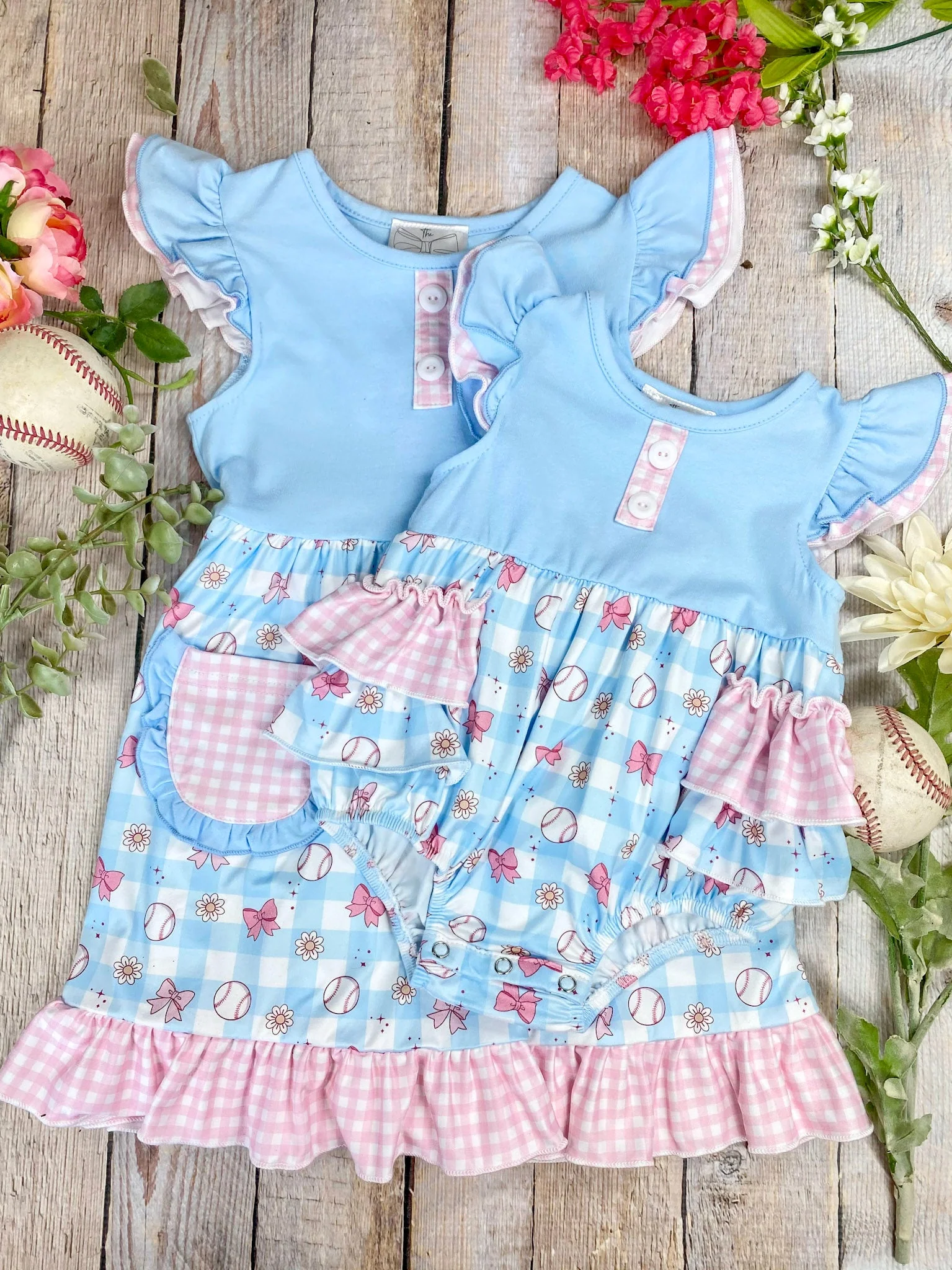 Girls Baseball & Bows Gingham Ruffled Infant Romper - Image 5