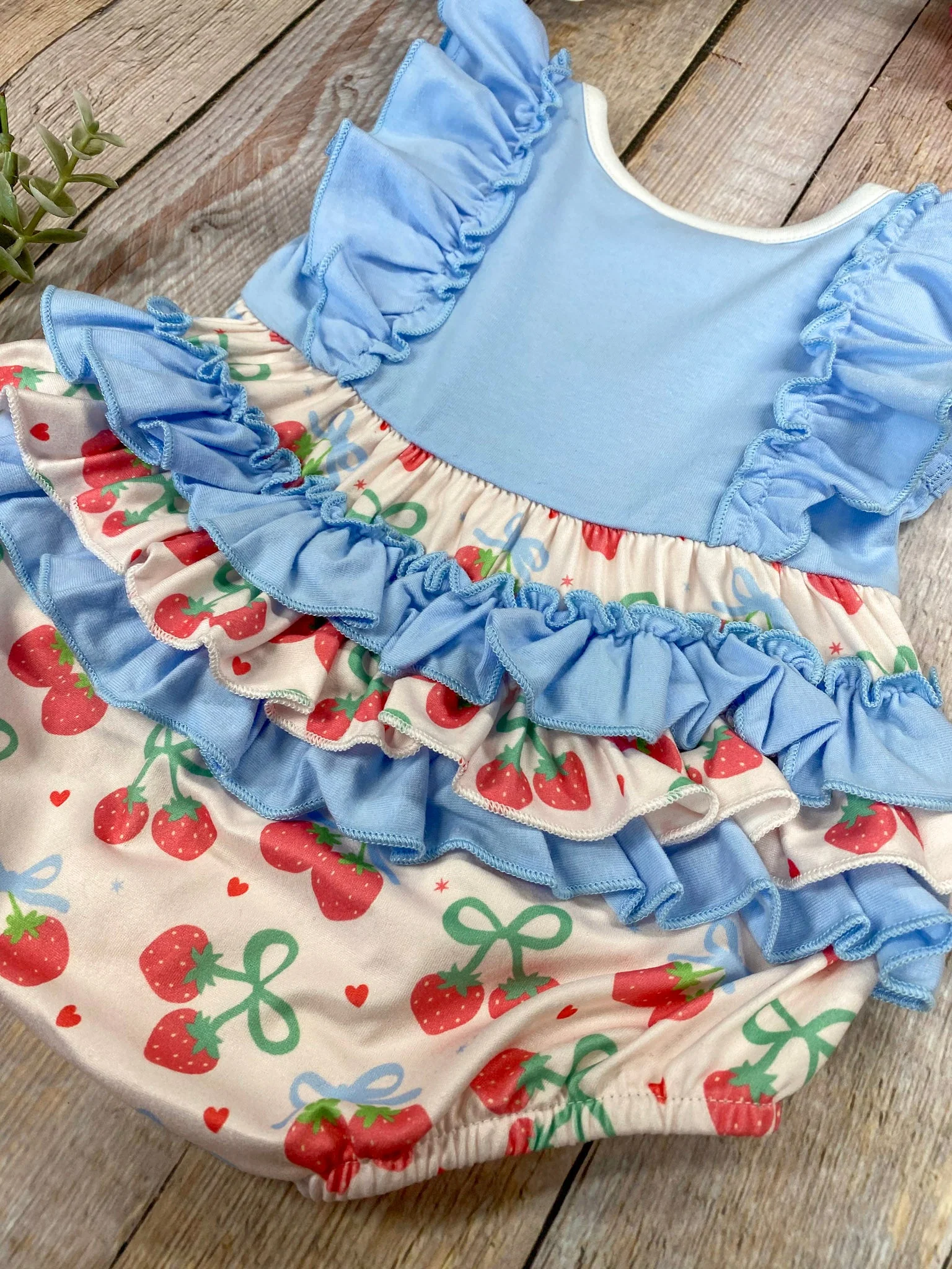 Strawberry Bows Embroidered Ruffled Infant Romper - Image 3