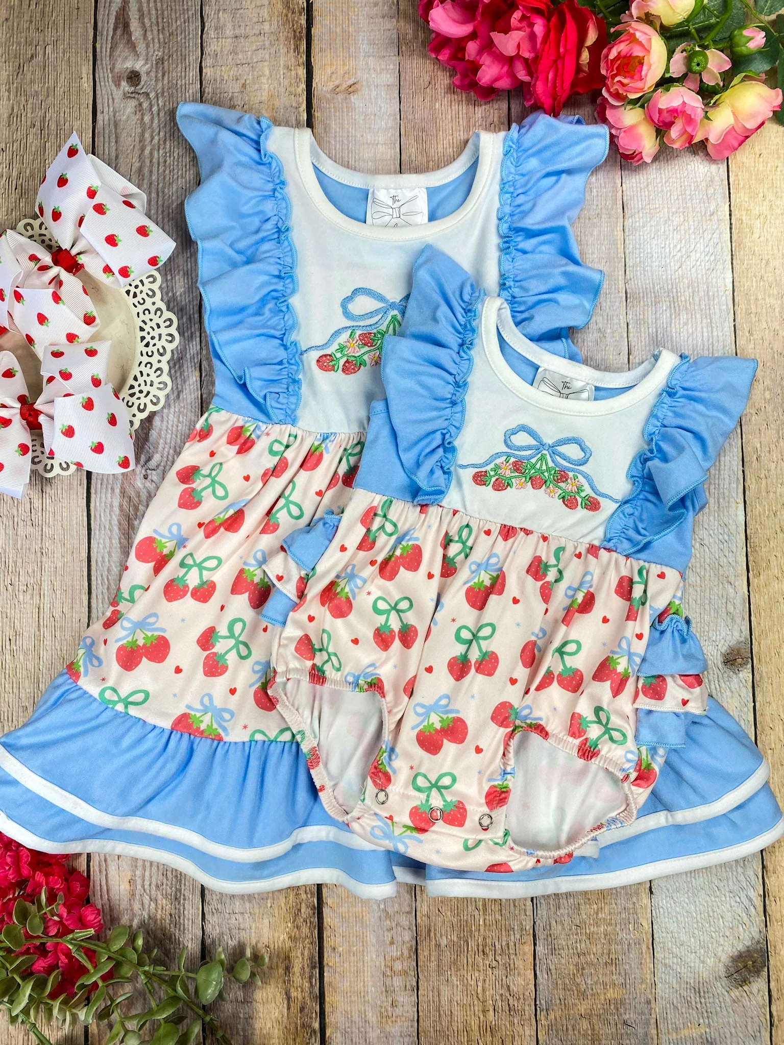 Strawberry Bows Embroidered Ruffled Infant Romper - Image 4