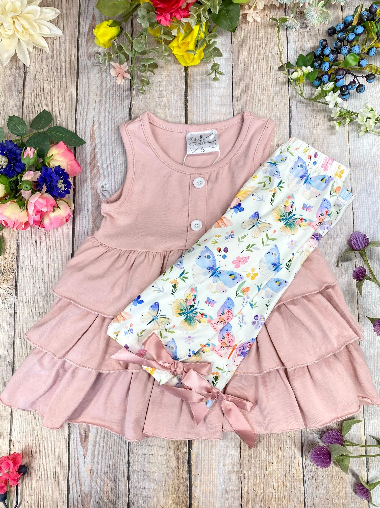 Dusty Rose Ruffles & Butterfly Leggings Set - Image 3