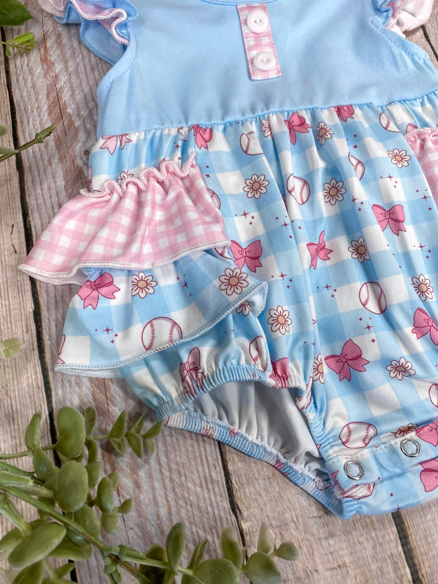 Girls Baseball & Bows Gingham Ruffled Infant Romper - Image 3