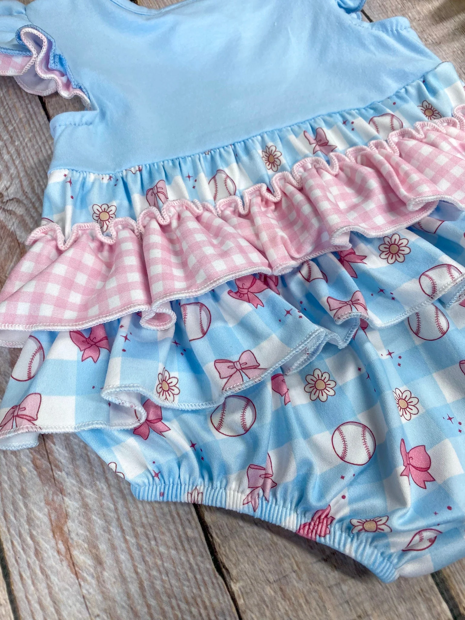 Girls Baseball & Bows Gingham Ruffled Infant Romper - Image 4