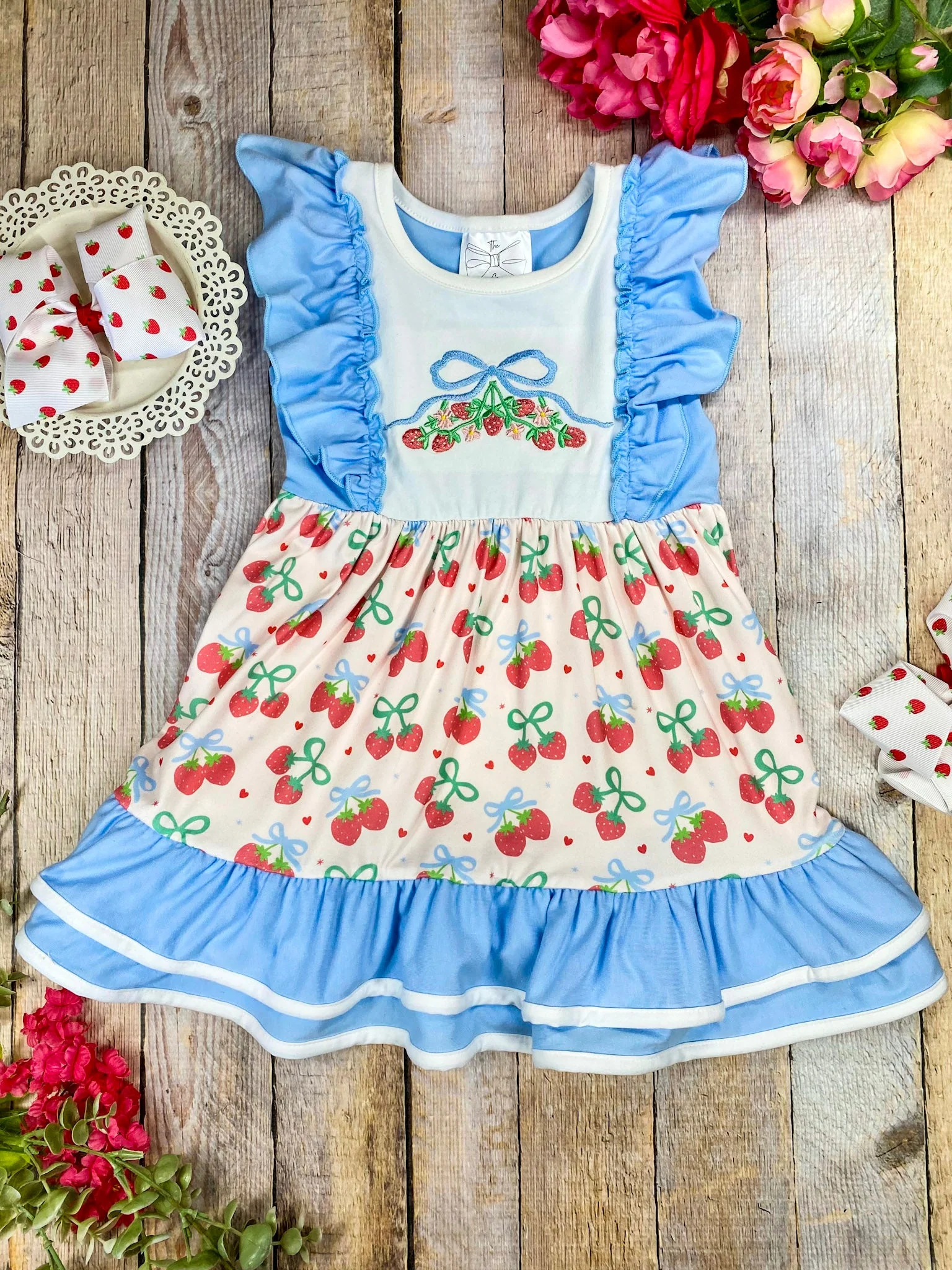 Strawberry Bows Embroidered Ruffled Twirl Dress