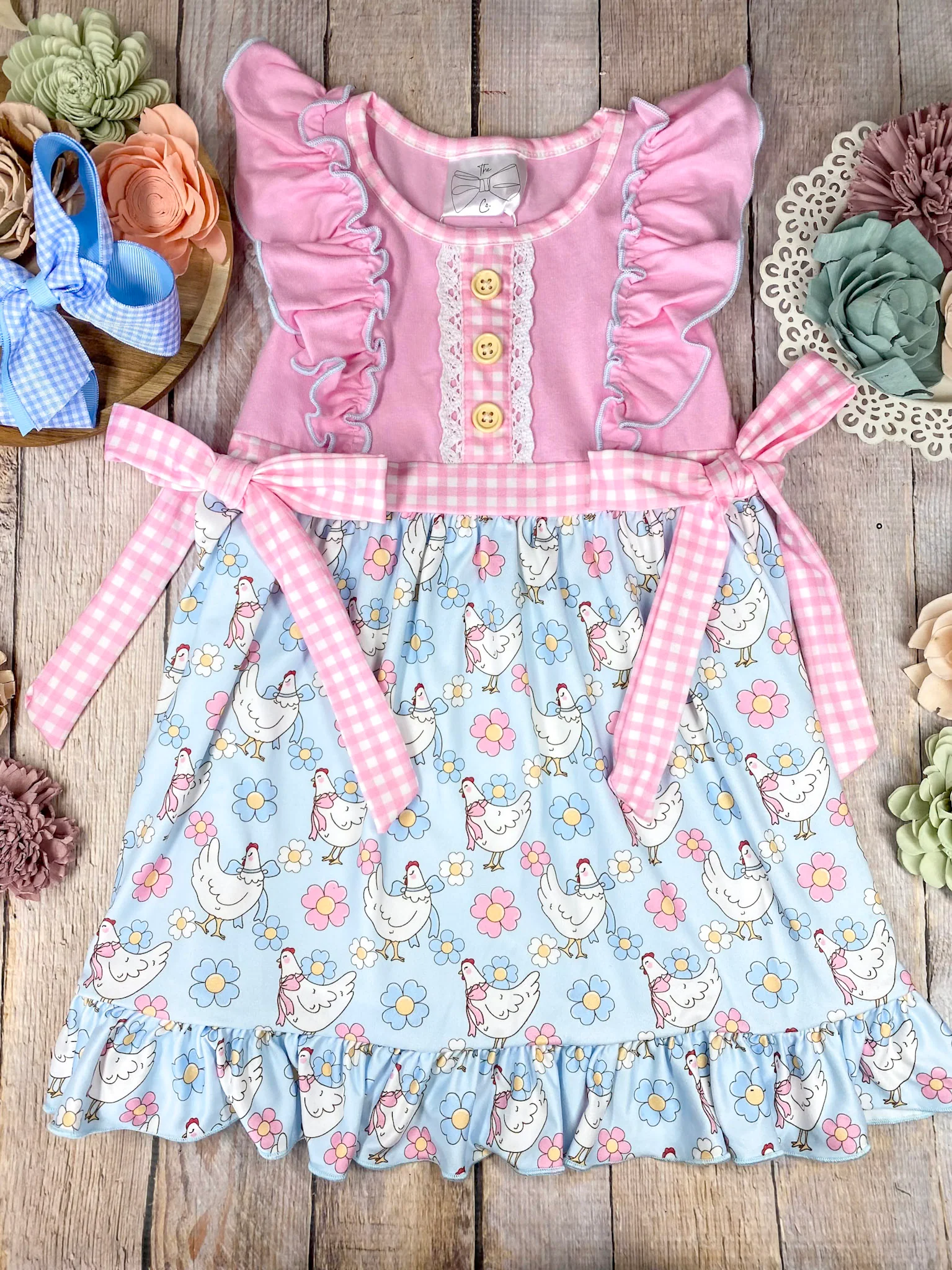Pink Chicken & Floral Ruffle Dress