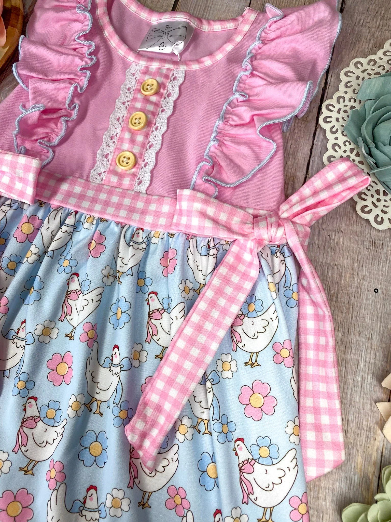Pink Chicken & Floral Ruffle Dress - Image 5