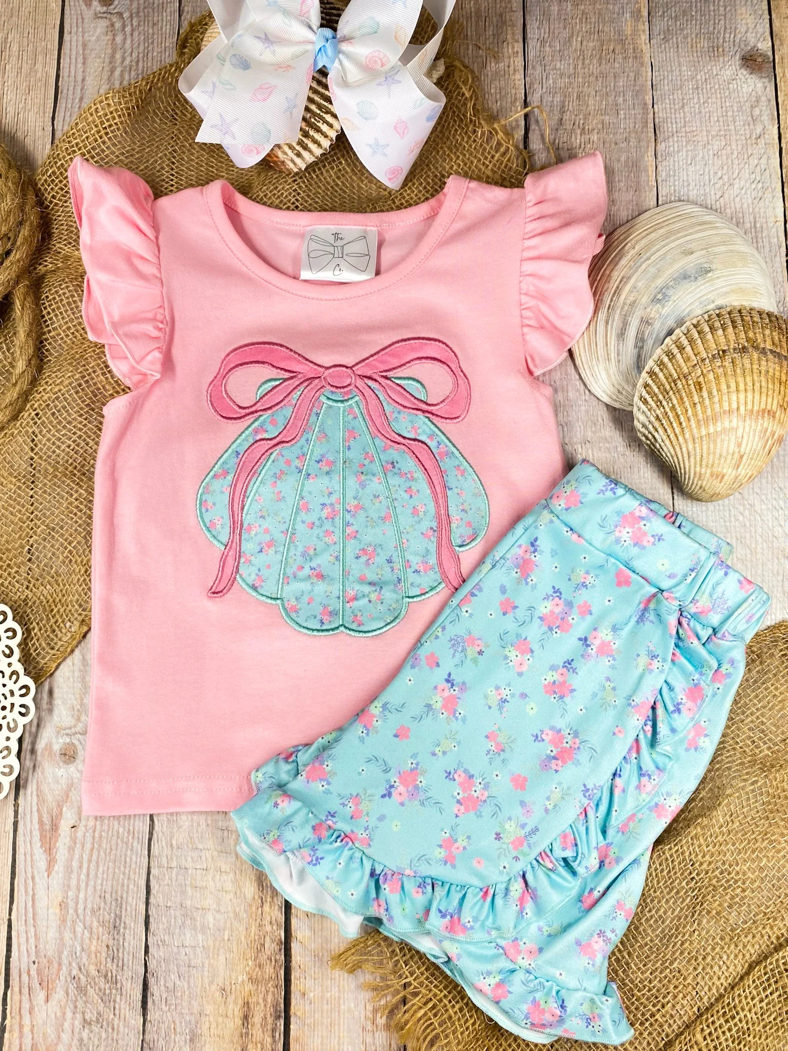 Pink Seashell Ruffled Girls Shorts Set
