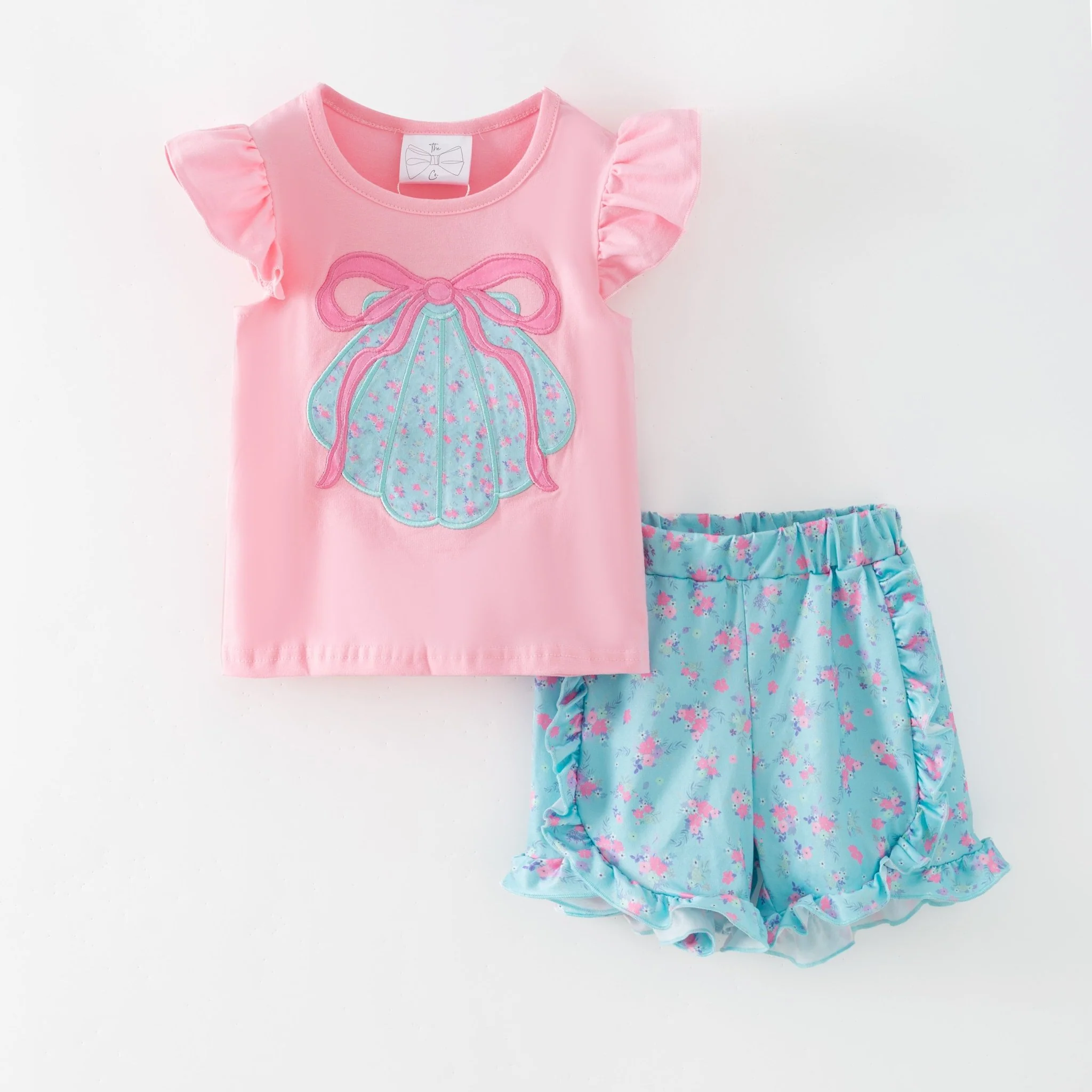 Pink Seashell Ruffled Girls Shorts Set - Image 2