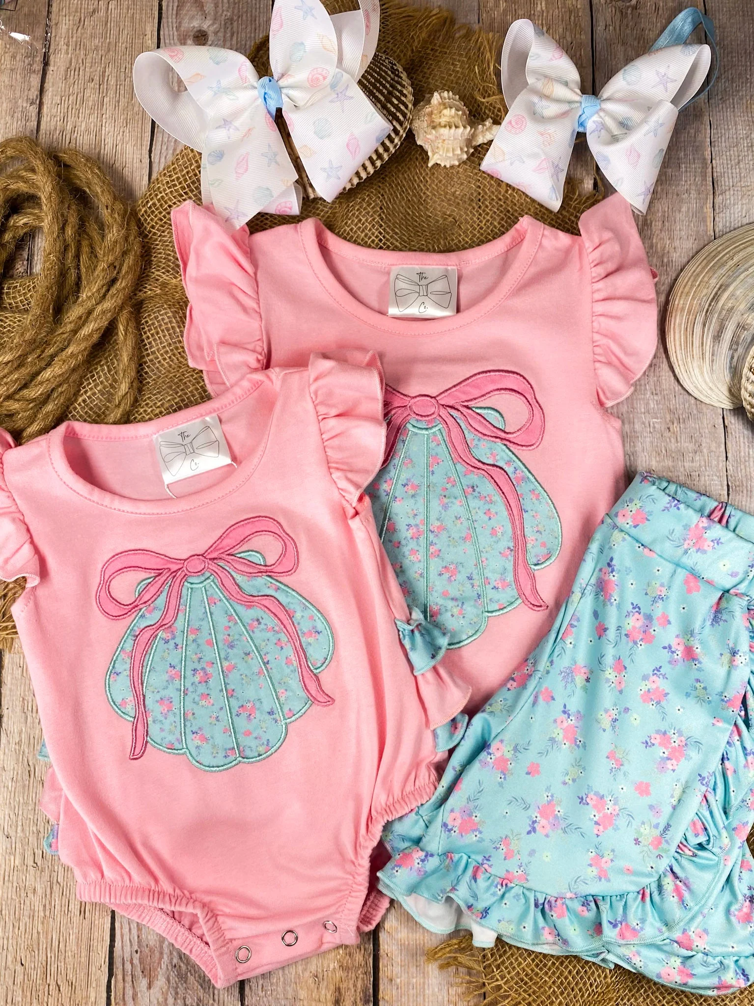 Pink Seashell Ruffled Girls Shorts Set - Image 5