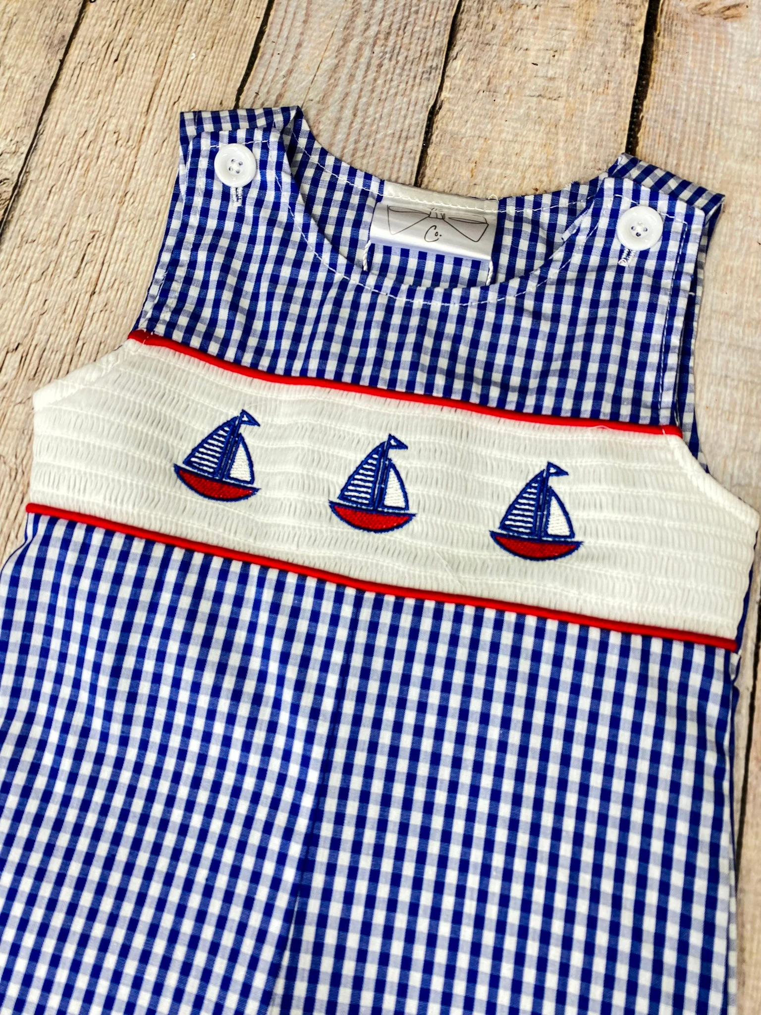 Blue Gingham Smocked Sailboat Boys Longall - Image 4