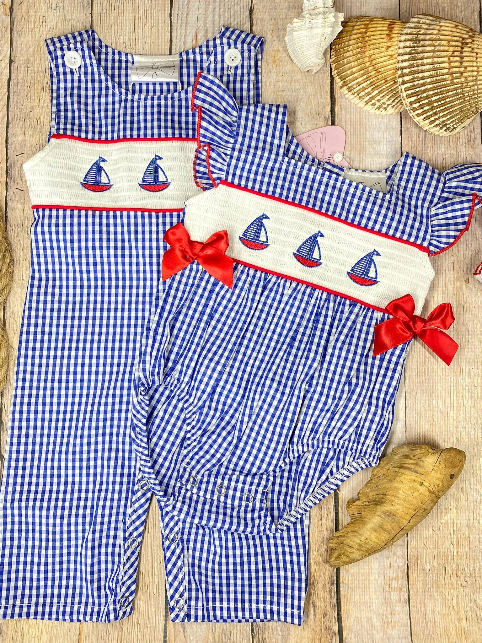 Blue Gingham Smocked Sailboat Boys Longall - Image 5