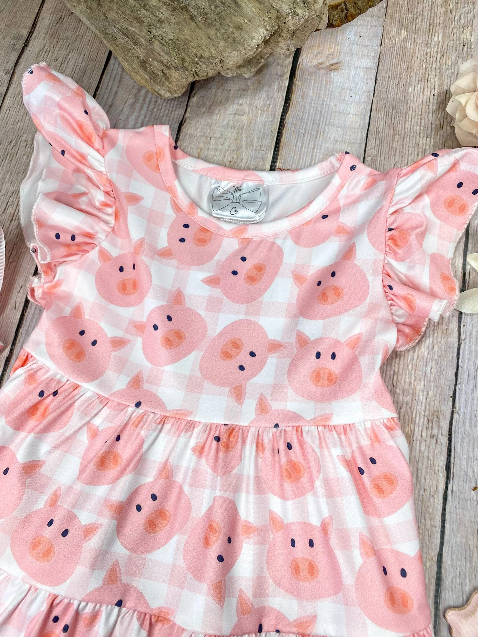 Pink Pig Gingham Tiered Dress | Girls Farm Animal Ruffle Dress - Image 3