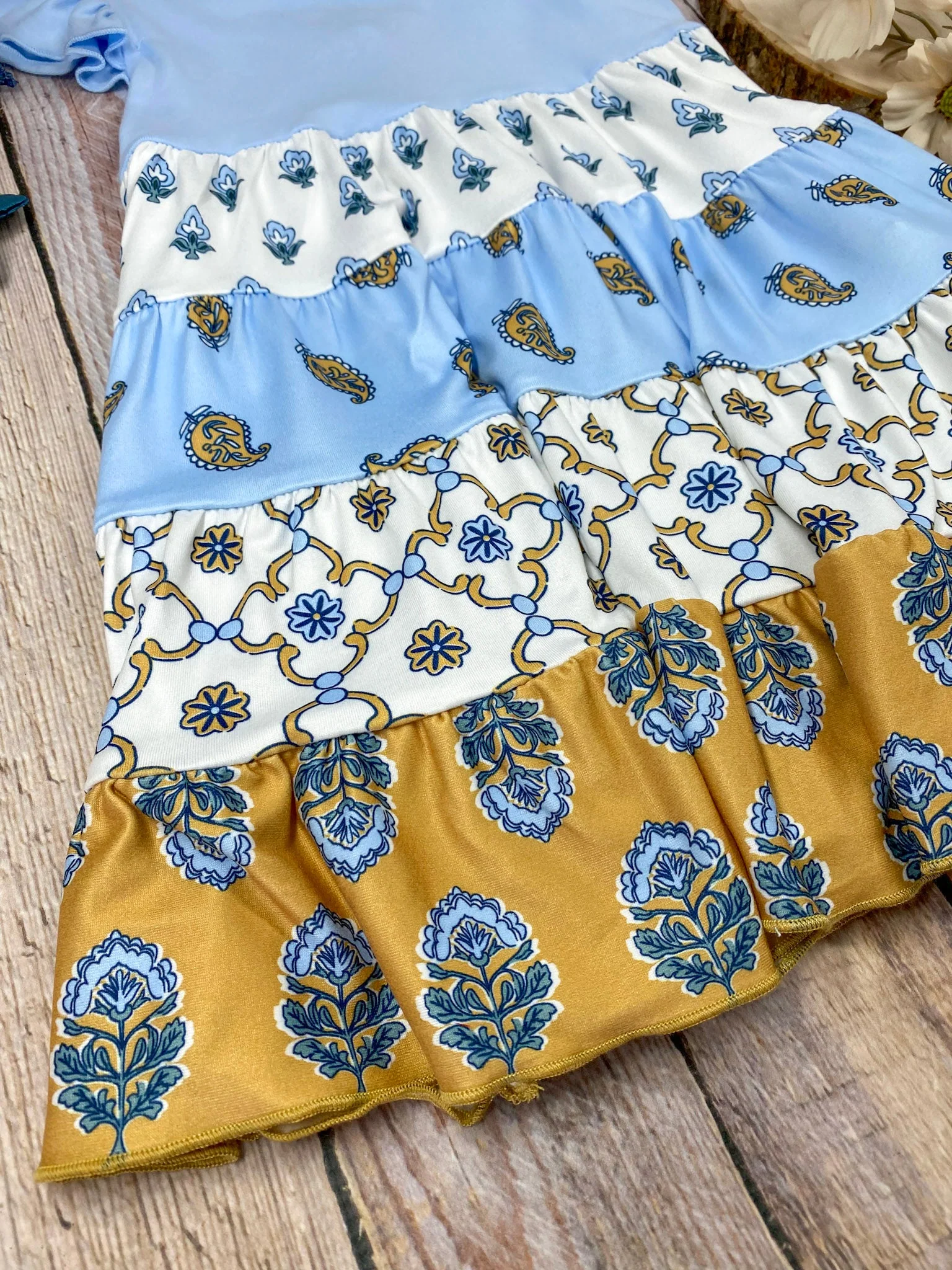 Blue Boho Patchwork Tiered Dress | Girls Floral Ruffle Dress - Image 3