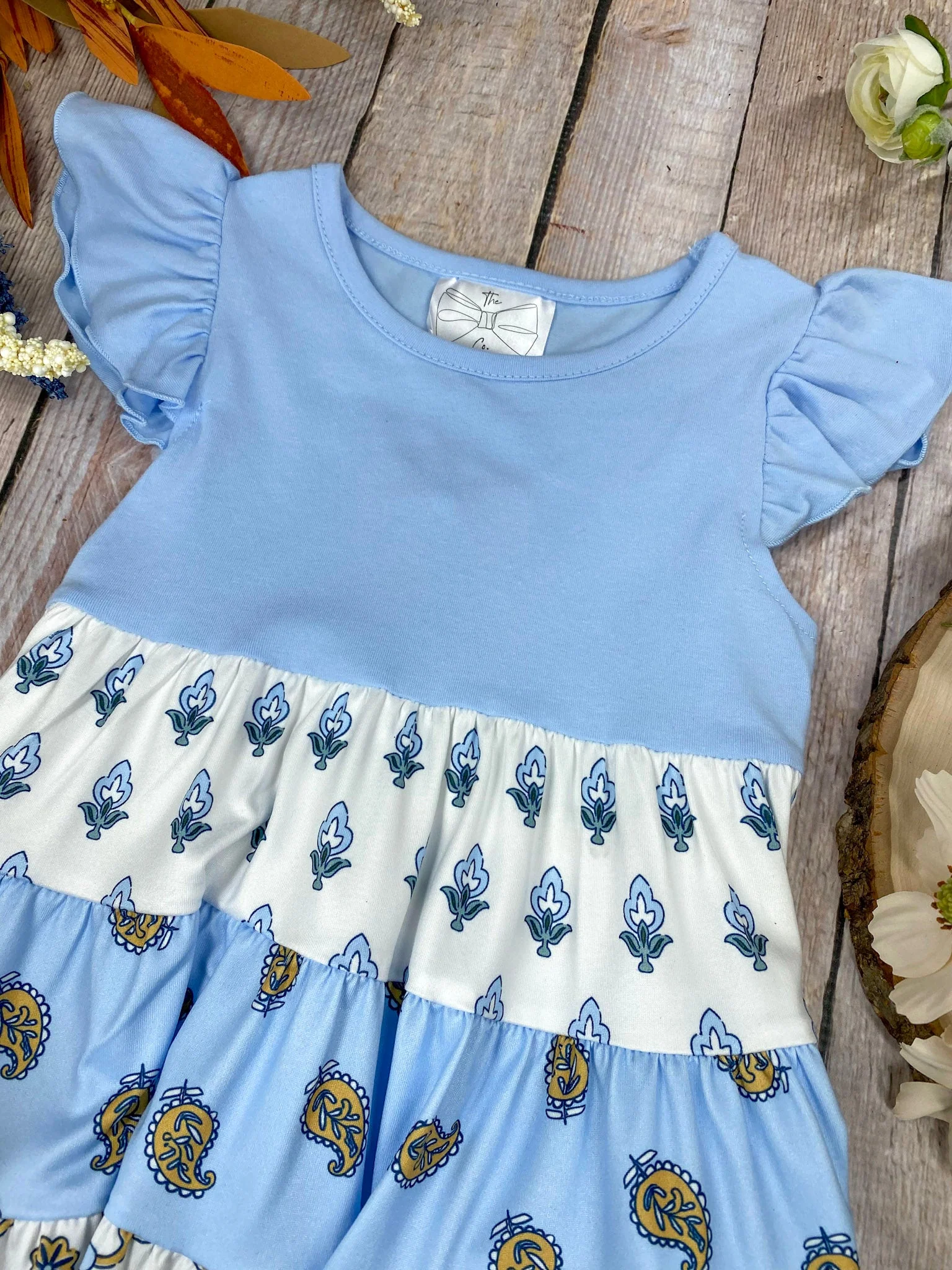 Blue Boho Patchwork Tiered Dress | Girls Floral Ruffle Dress - Image 4