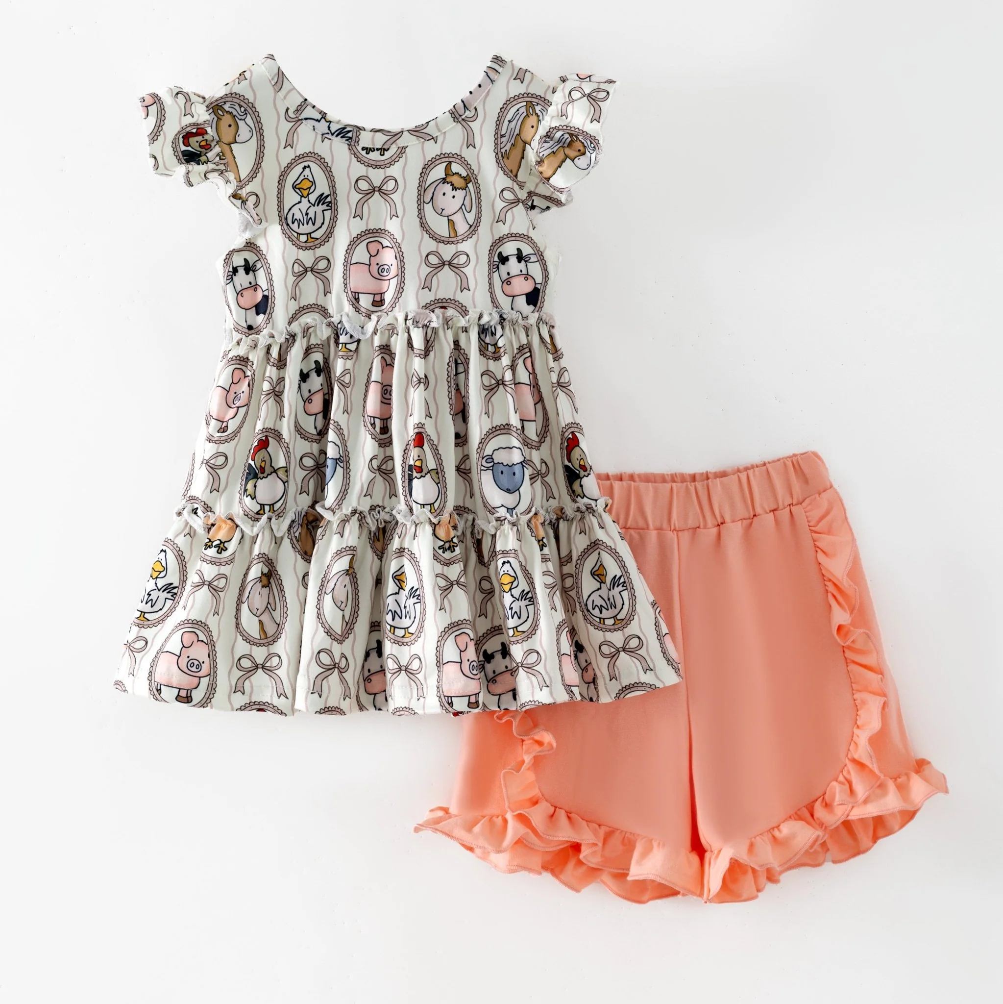 Farm Friends Cameo Two-Piece Set | Girls Farm Animal Top & Ruffle Shorts Set - Image 2