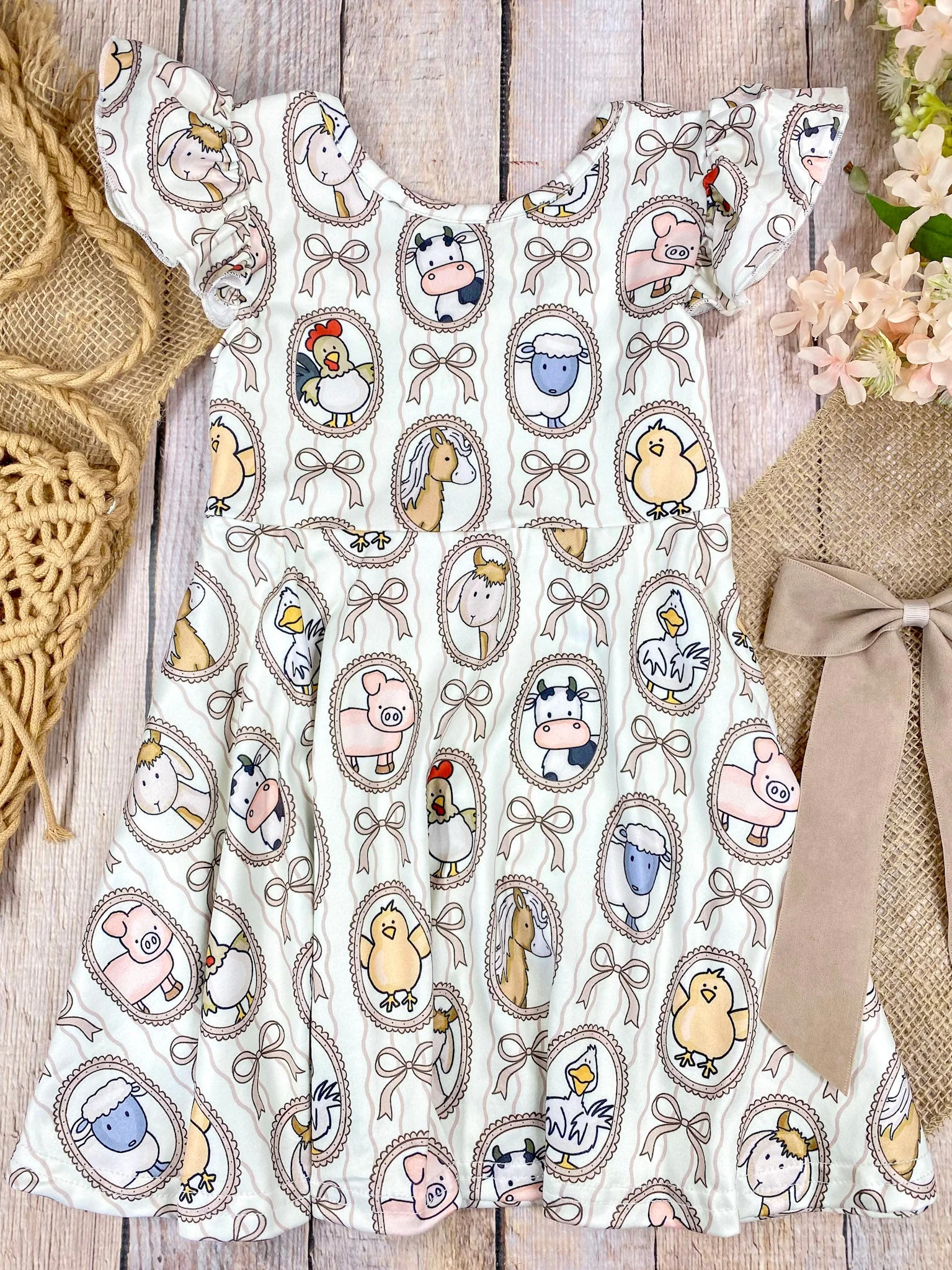 Farm Friends Cameo Twirl Dress | Girls Farm Animal Flutter Sleeve Dress - Image 2