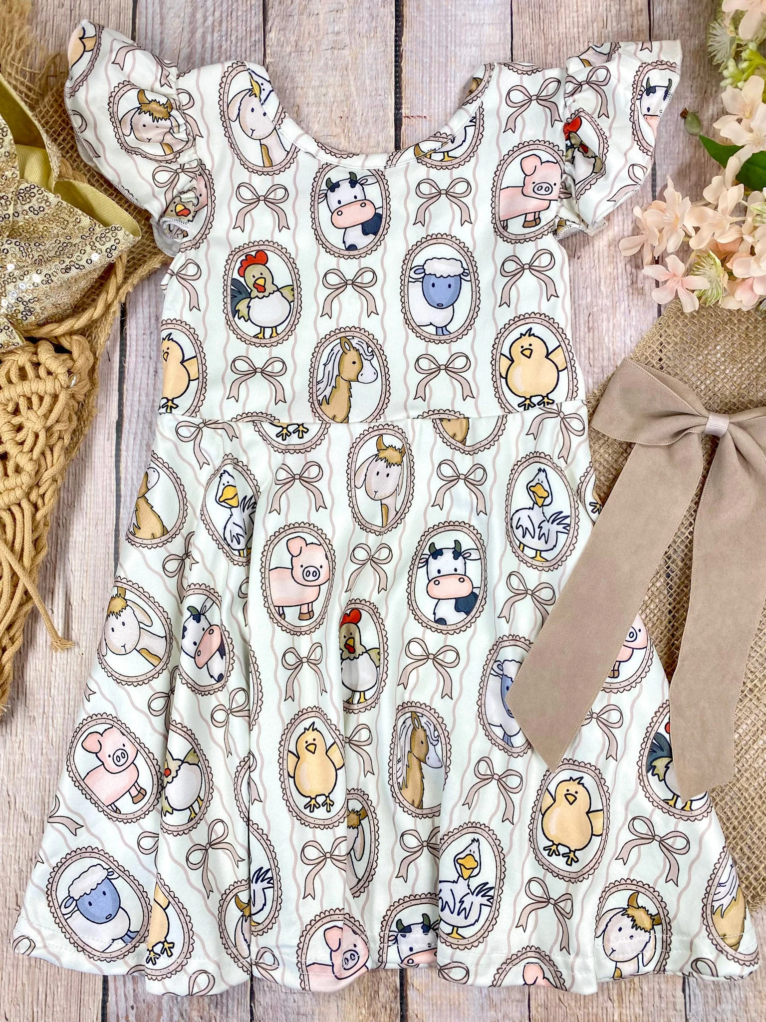 Farm Friends Cameo Twirl Dress | Girls Farm Animal Flutter Sleeve Dress - Image 5