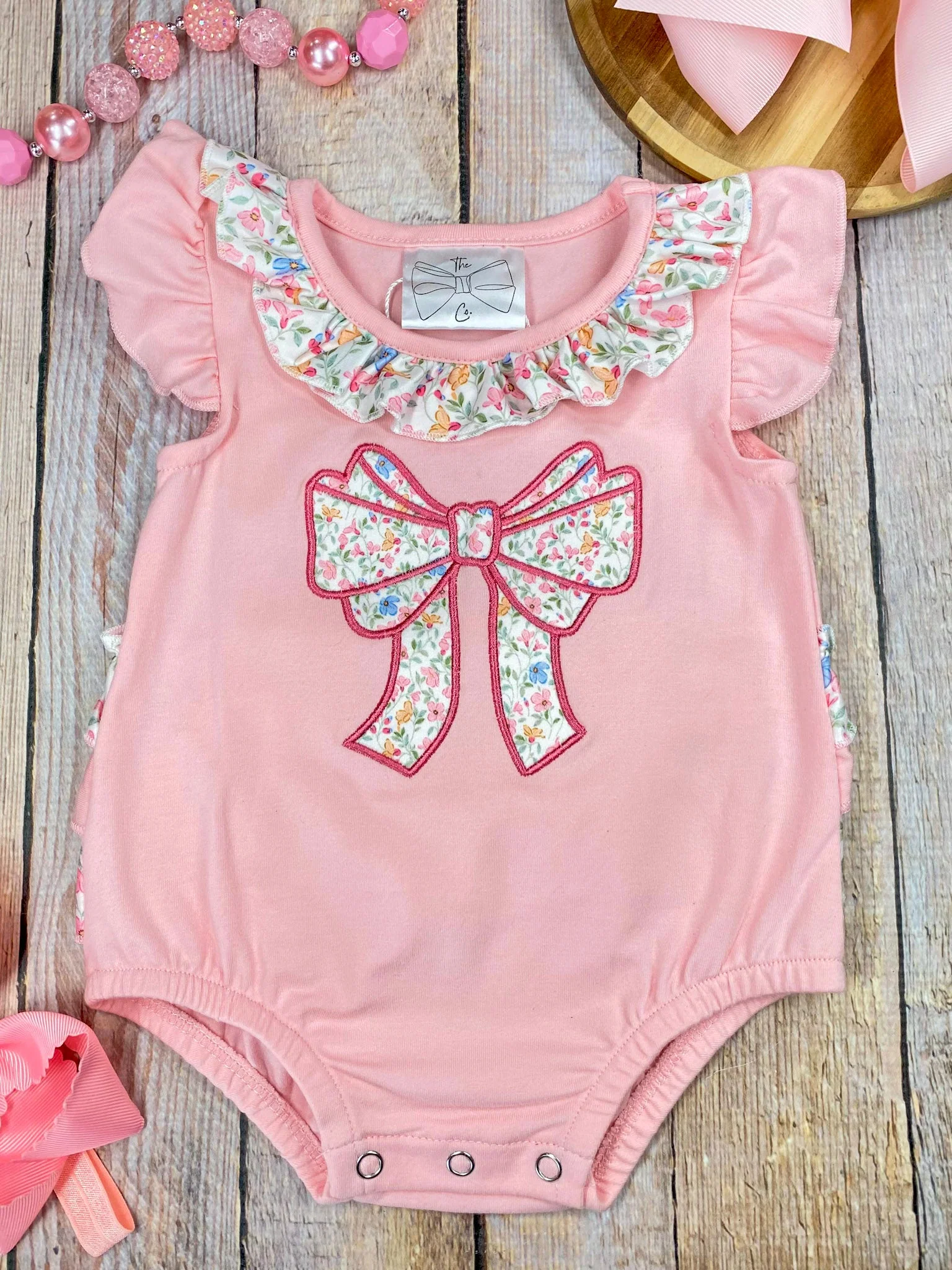 Pink Floral Bow Bubble Romper | Baby Girls Appliqué Outfit