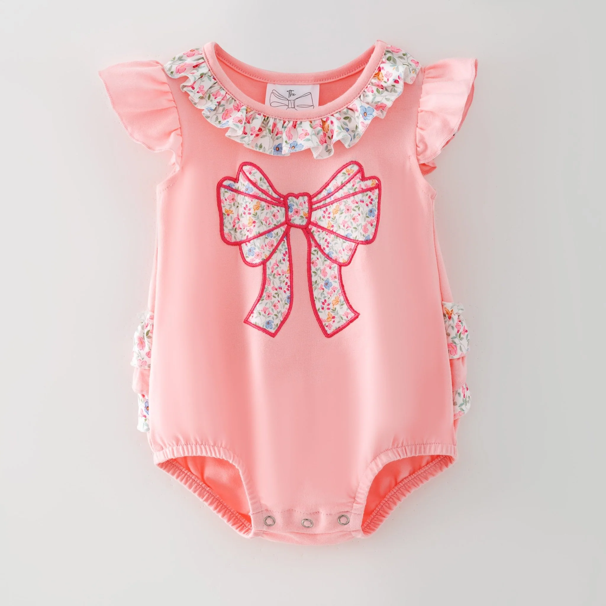 Pink Floral Bow Bubble Romper | Baby Girls Appliqué Outfit - Image 2