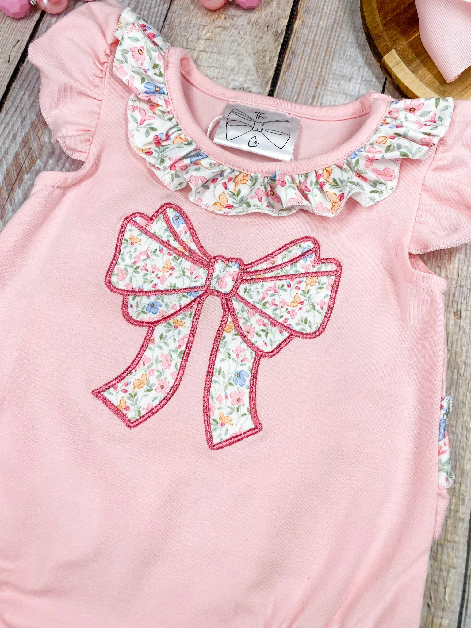 Pink Floral Bow Bubble Romper | Baby Girls Appliqué Outfit - Image 3