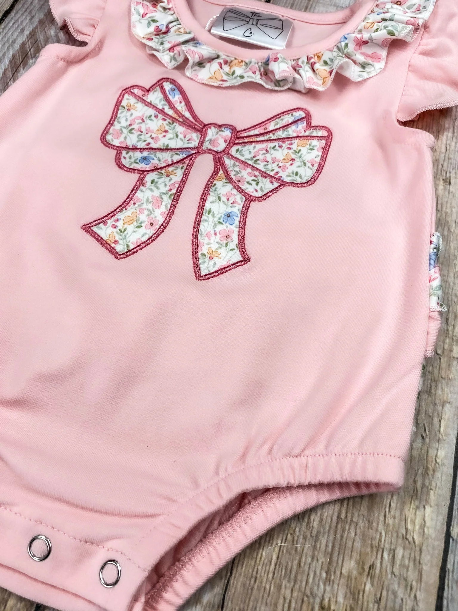 Pink Floral Bow Bubble Romper | Baby Girls Appliqué Outfit - Image 4