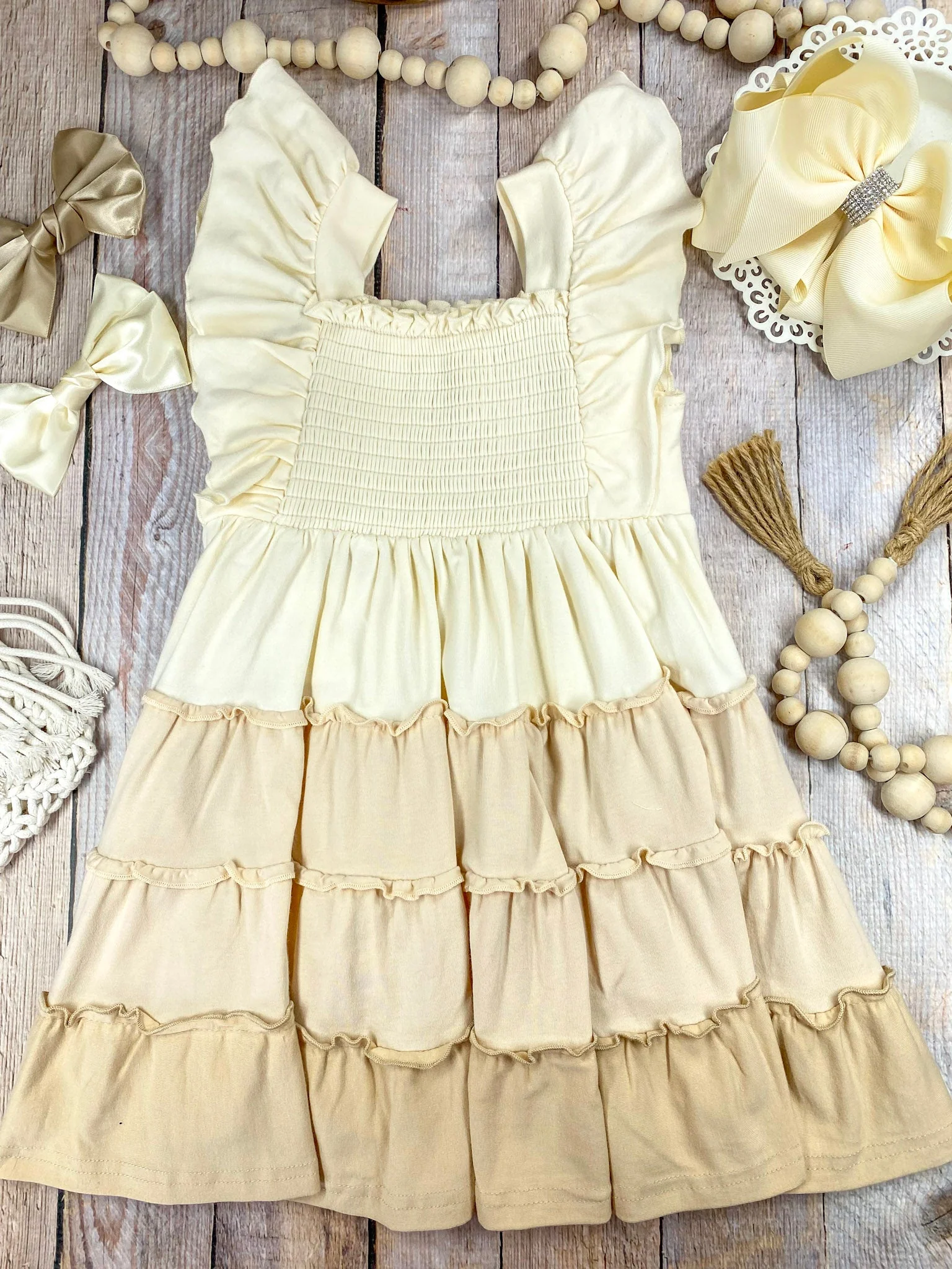 Sugar Cookie Tiered Dress | Girls Cream & Neutral Ruffle Twirl Dress