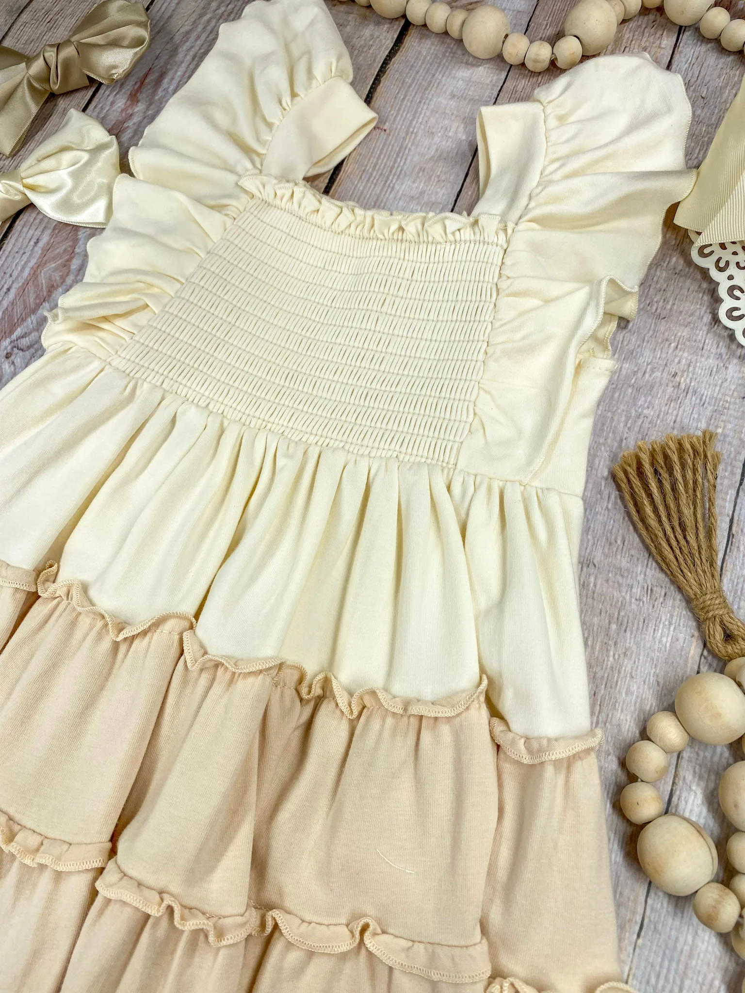 Sugar Cookie Tiered Dress | Girls Cream & Neutral Ruffle Twirl Dress - Image 4
