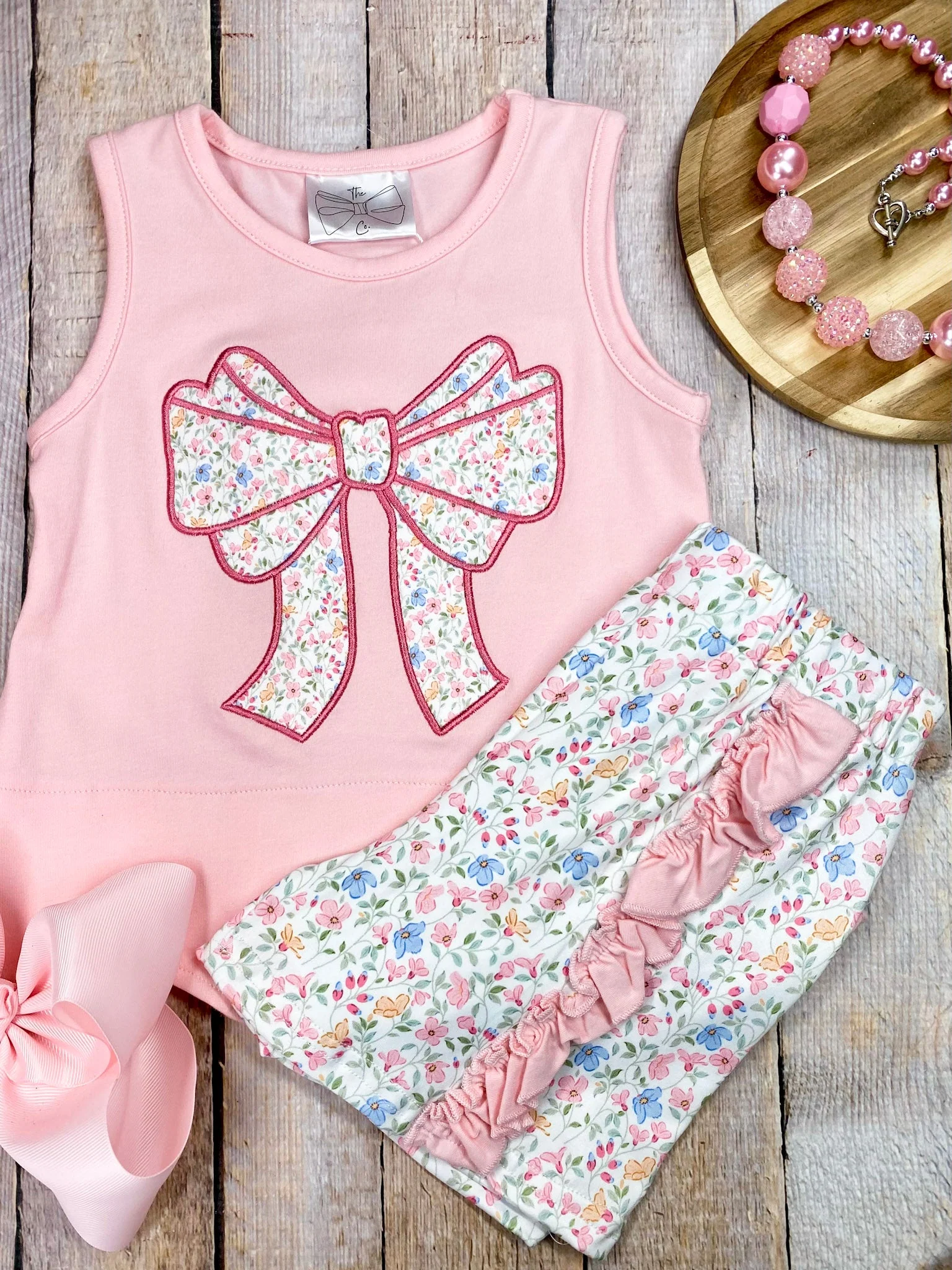 Pink Floral Bow Applique Shorts Set | Girls Ruffle Summer Outfit