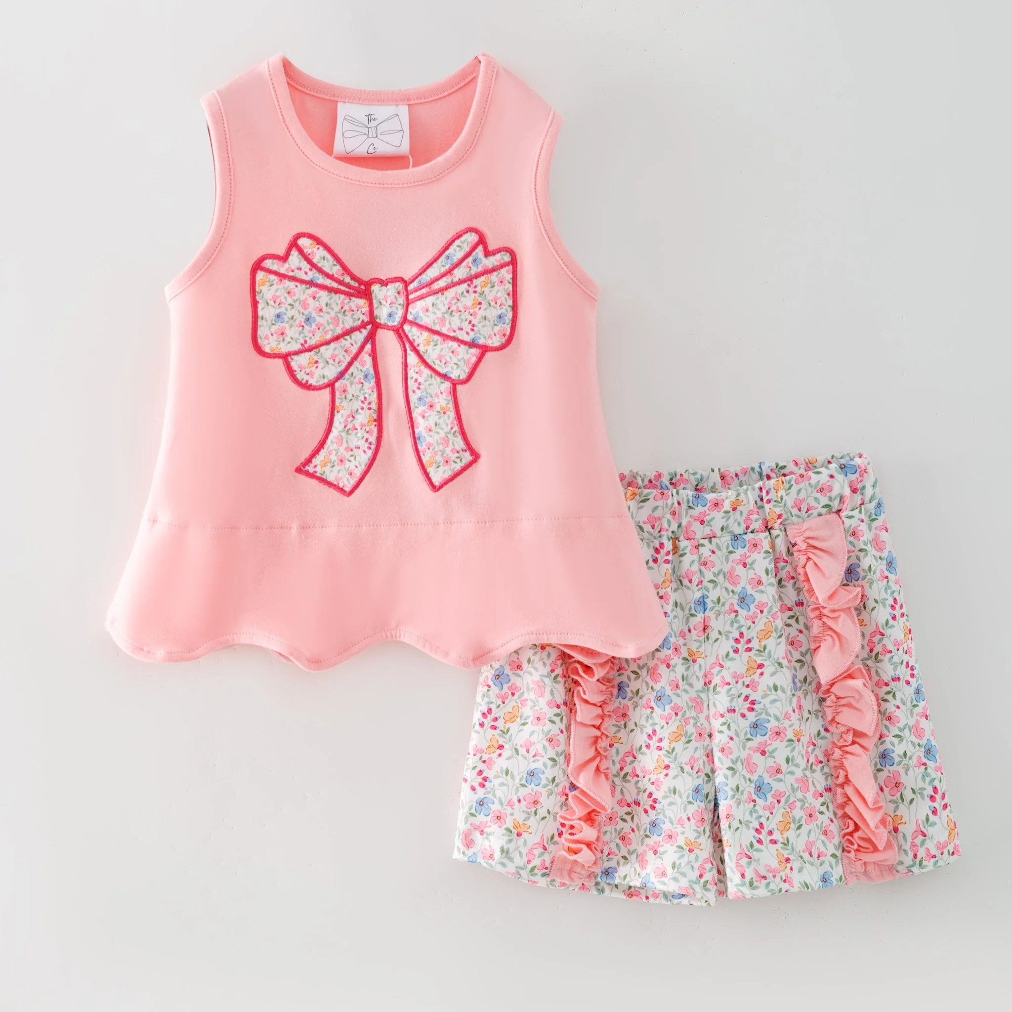 Pink Floral Bow Applique Shorts Set | Girls Ruffle Summer Outfit - Image 2