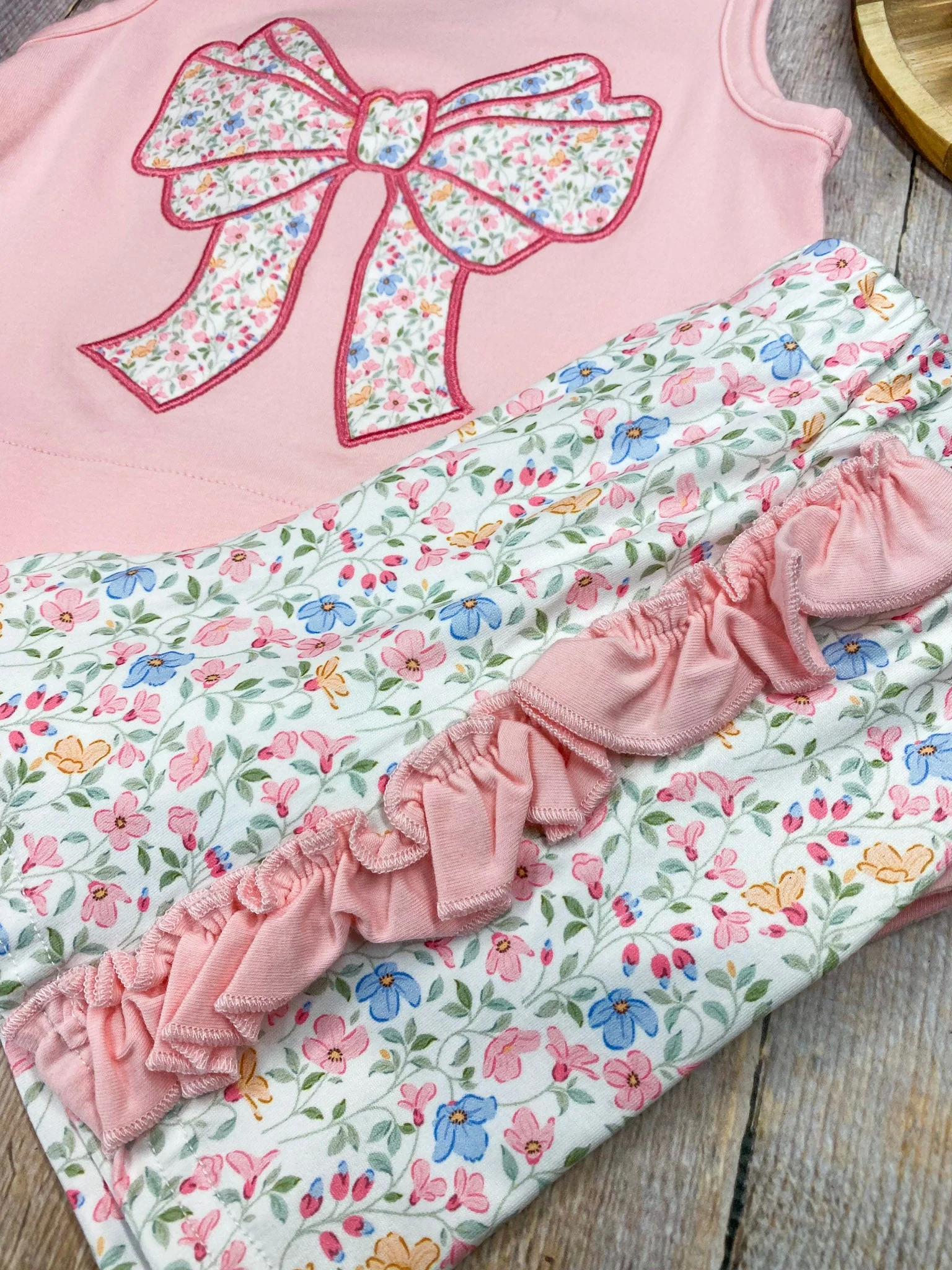 Pink Floral Bow Applique Shorts Set | Girls Ruffle Summer Outfit - Image 3