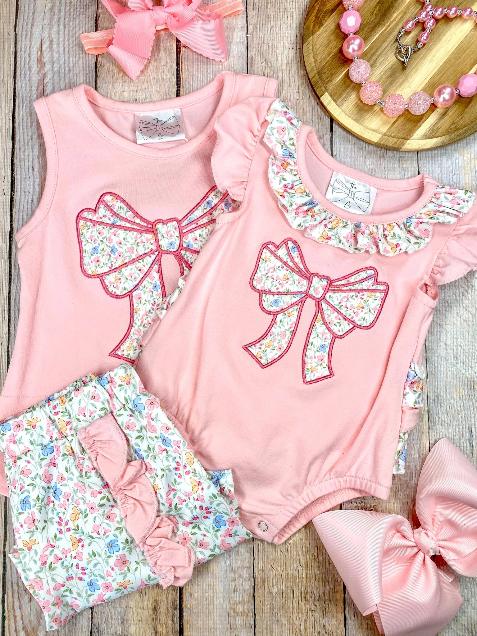 Pink Floral Bow Applique Shorts Set | Girls Ruffle Summer Outfit - Image 4
