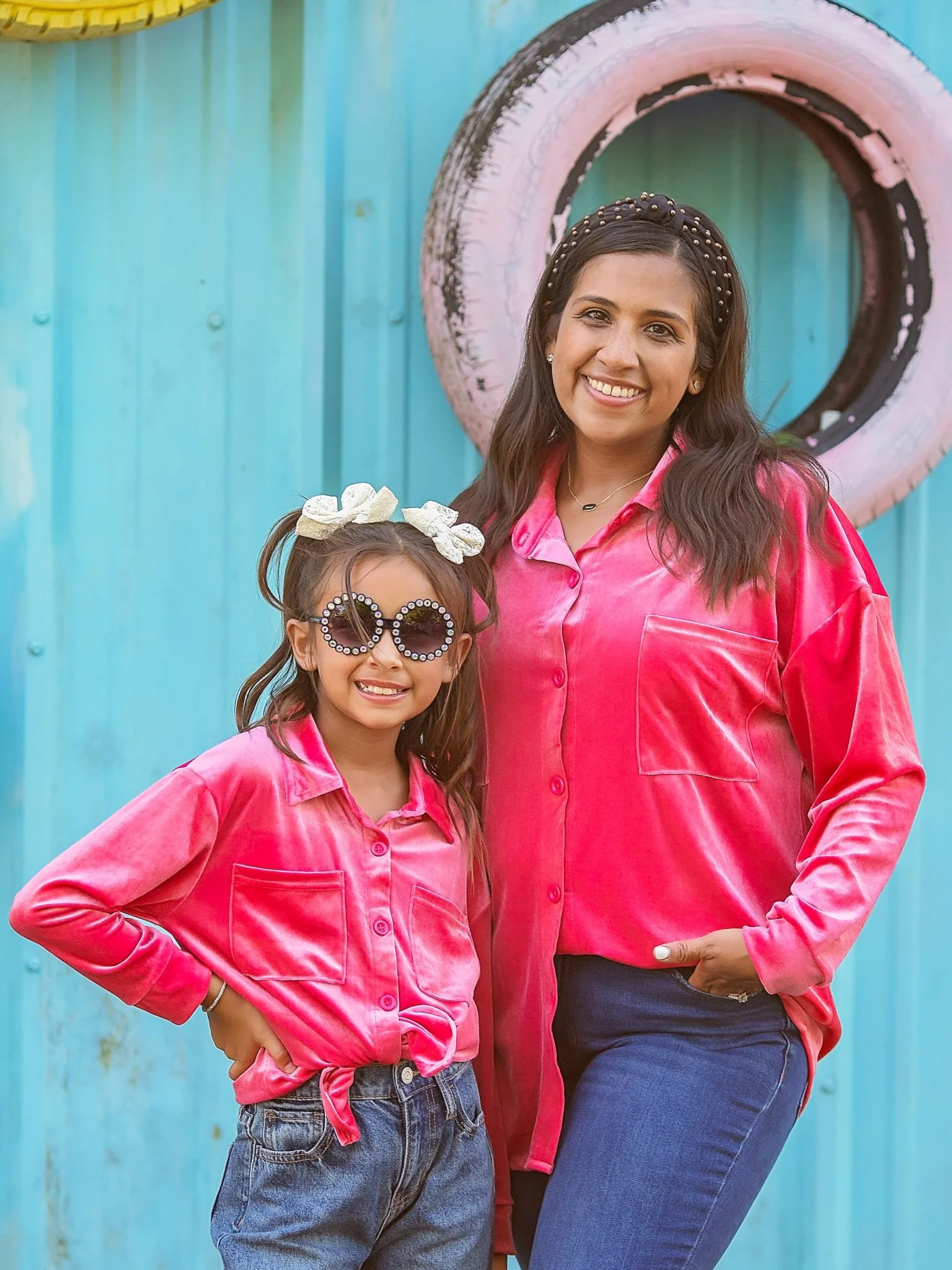 Mommy & Me Pink Velvet Button Down